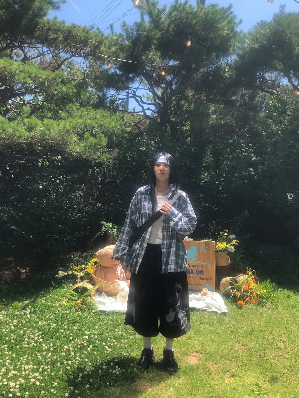 SLOW RECORD HOUSE Seersucker Oversized Check Shirts Blue 착용 스타일 - 3