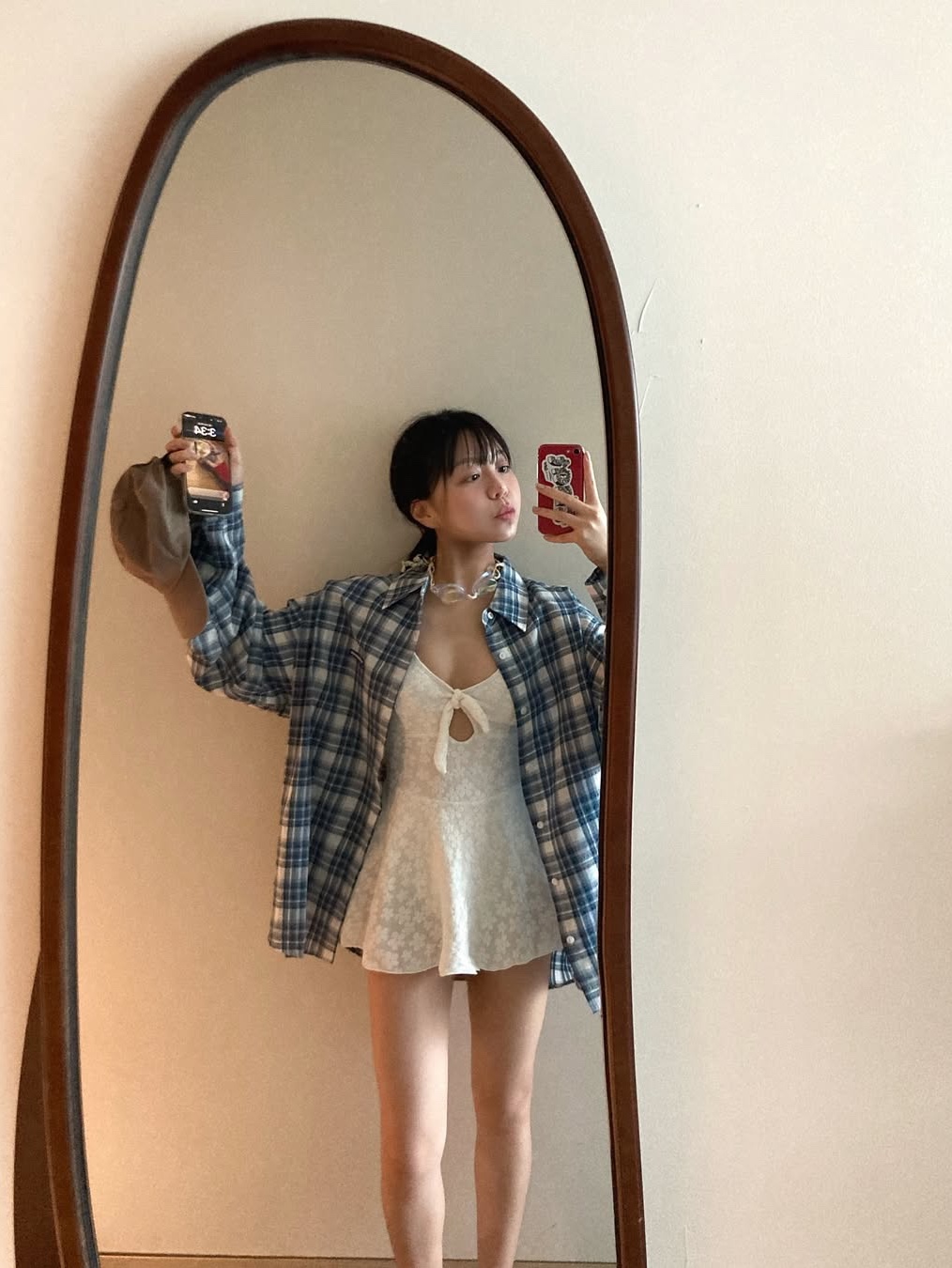 SLOW RECORD HOUSE Seersucker Oversized Check Shirts Blue 착용 스타일 - 1