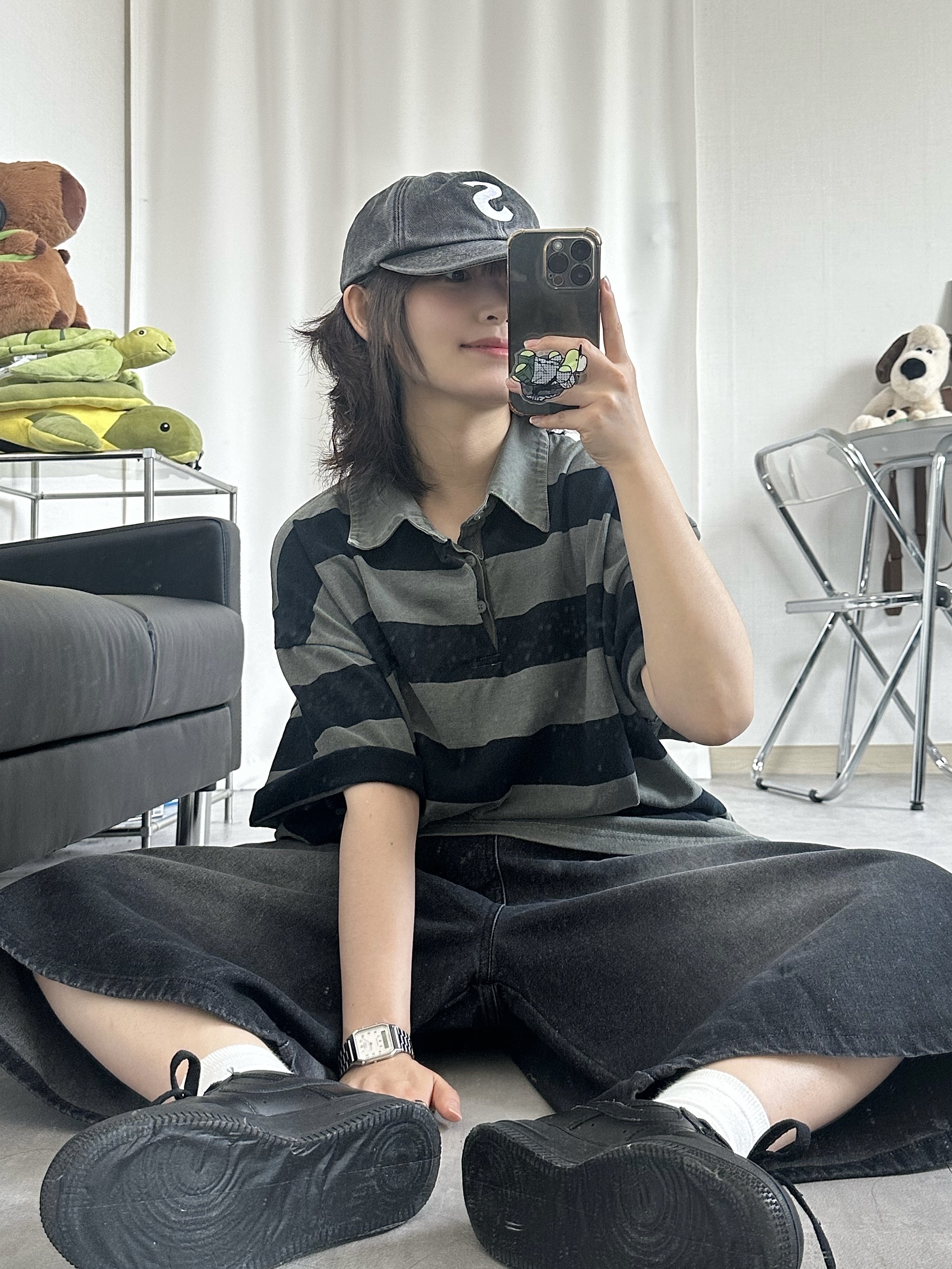 (W) Nike Air Force 1 '07 Low Triple Black, Stussy Small Stock Crew Socks White (3 Pack) 착용 스타일 - 7