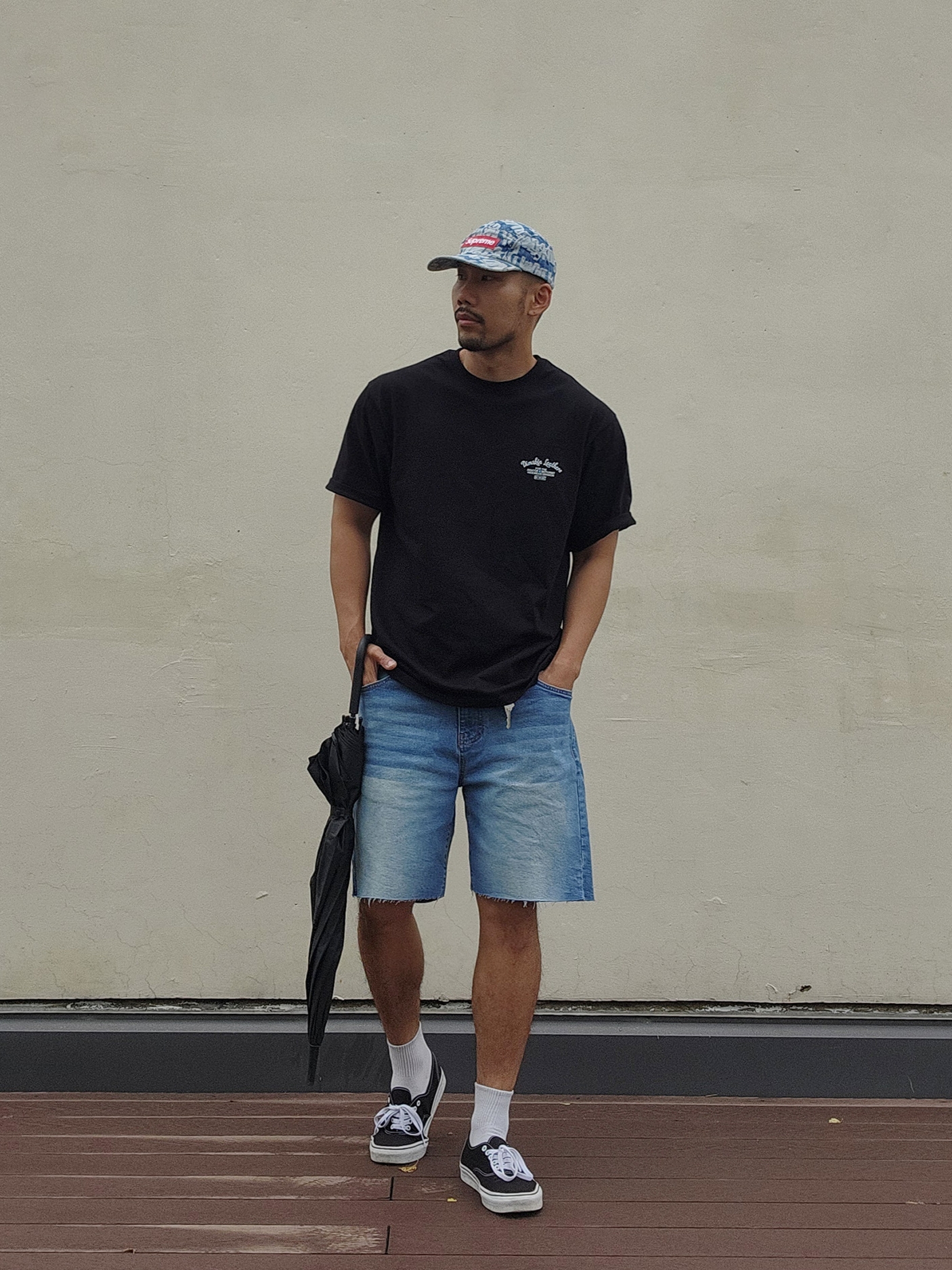 Supreme Fat Tip Jacquard Denim Camp Cap Blue - 22SS, Vans Authentic Black White 착용 스타일 - 2