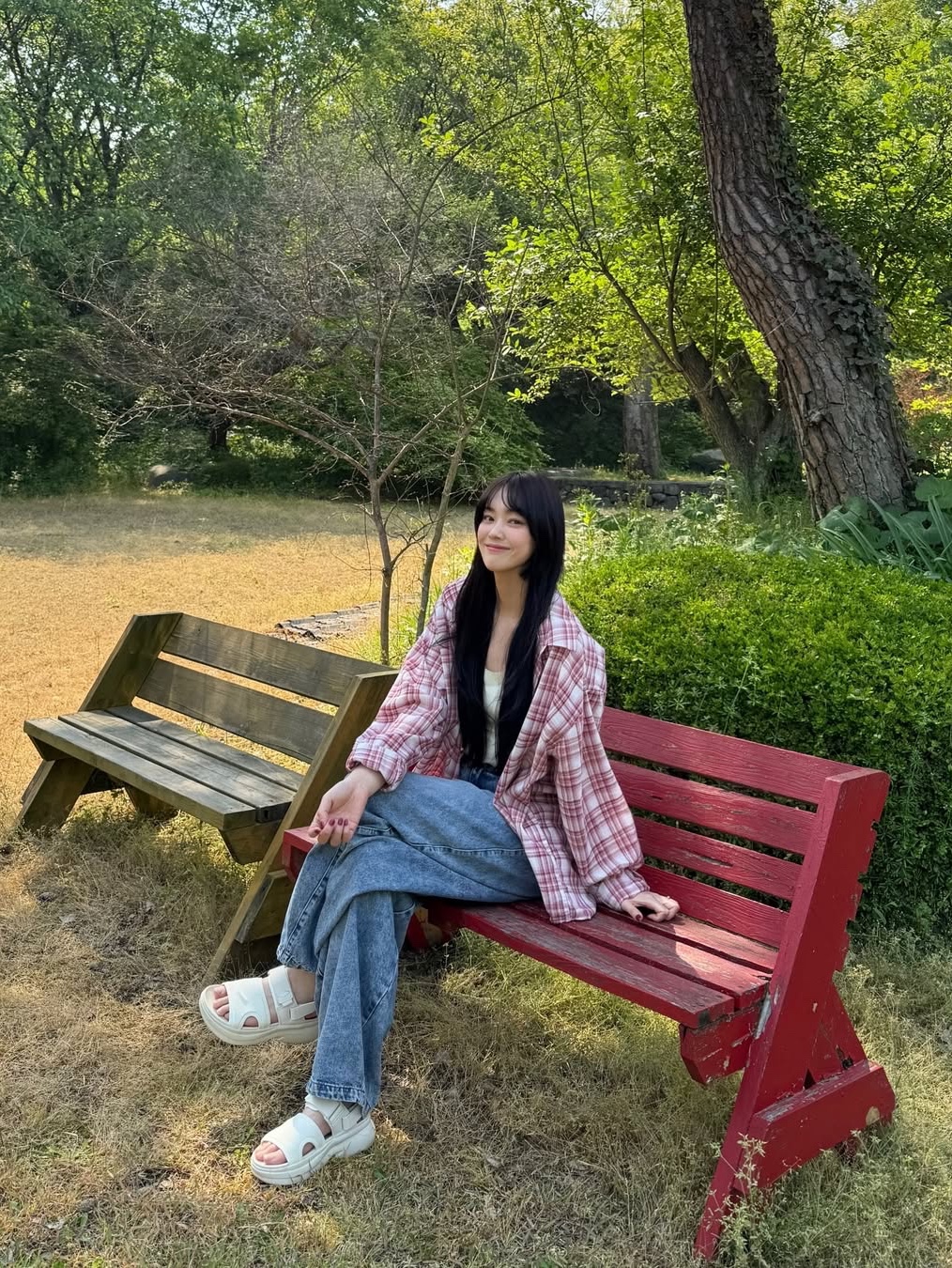 SLOW RECORD HOUSE Seersucker Oversized Check Shirts Red 착용 스타일 - 6