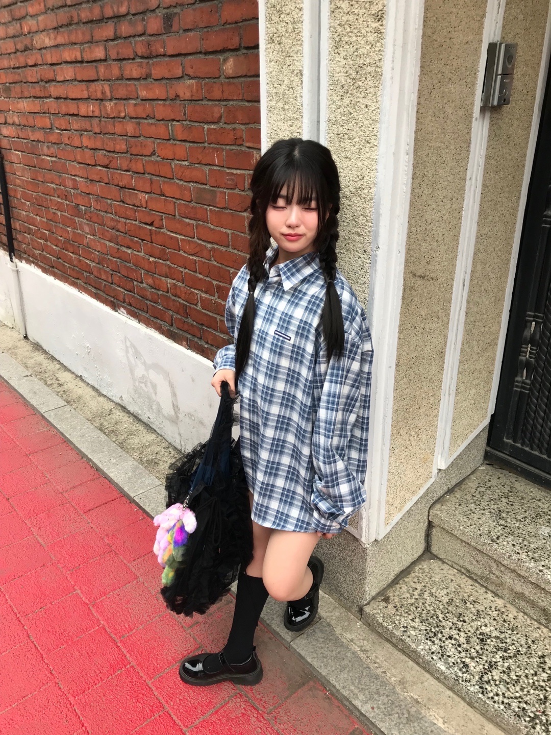SLOW RECORD HOUSE Seersucker Oversized Check Shirts Blue 착용 스타일 - 8