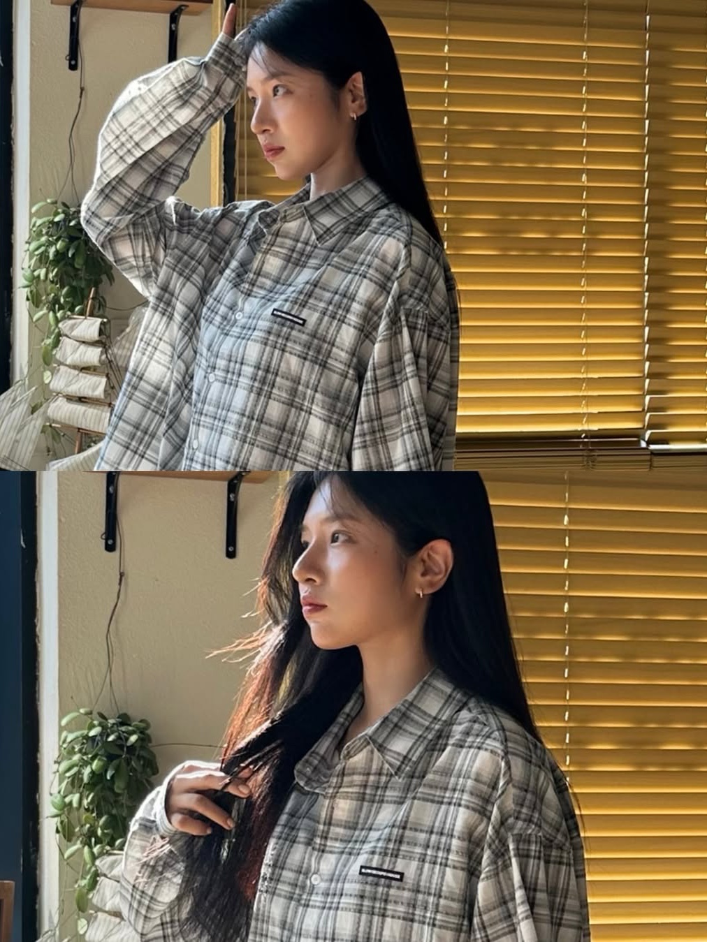 SLOW RECORD HOUSE Seersucker Oversized Check Shirts Black 착용 스타일 - 1