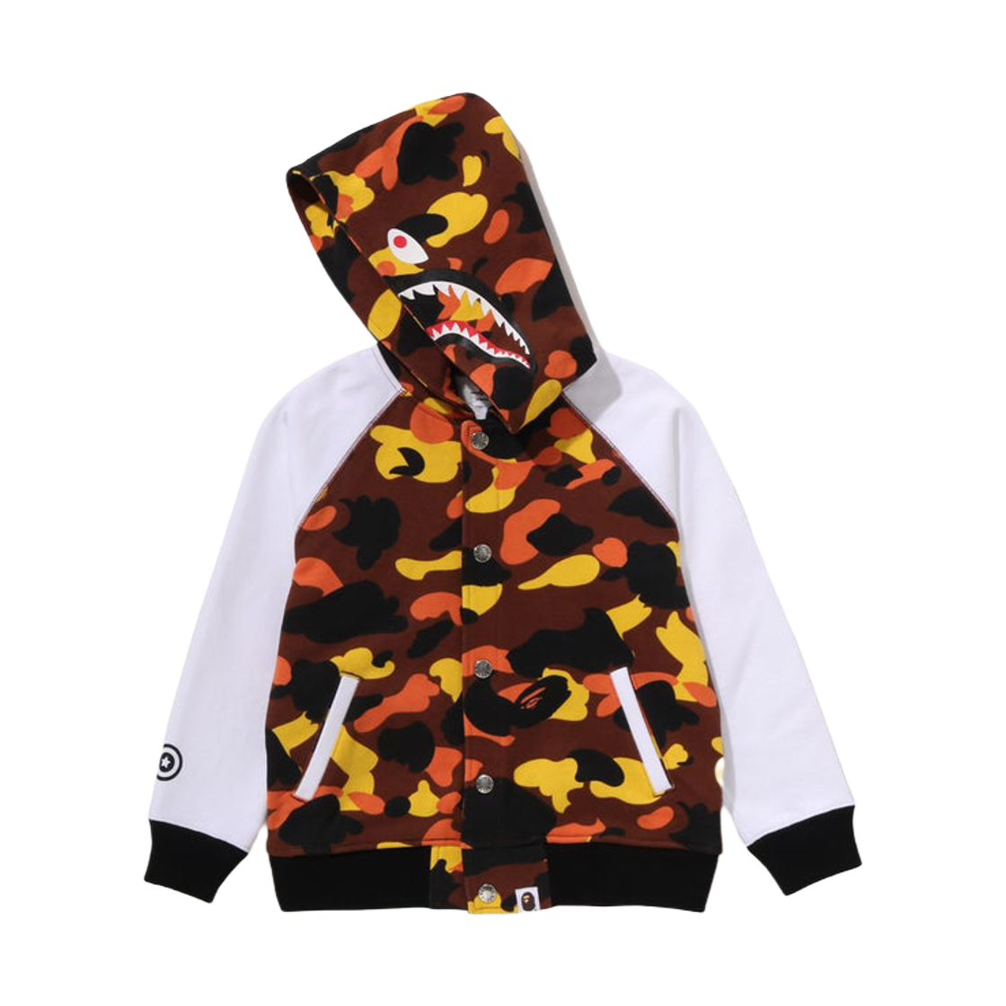 (키즈) 베이프 퍼스트 카모 샤크 후드 스웨트 바시티 자켓 오렌지((Kids) BAPE 1st Camo Shark Hoodie Sweat Varsity Jacket Orange) - 2