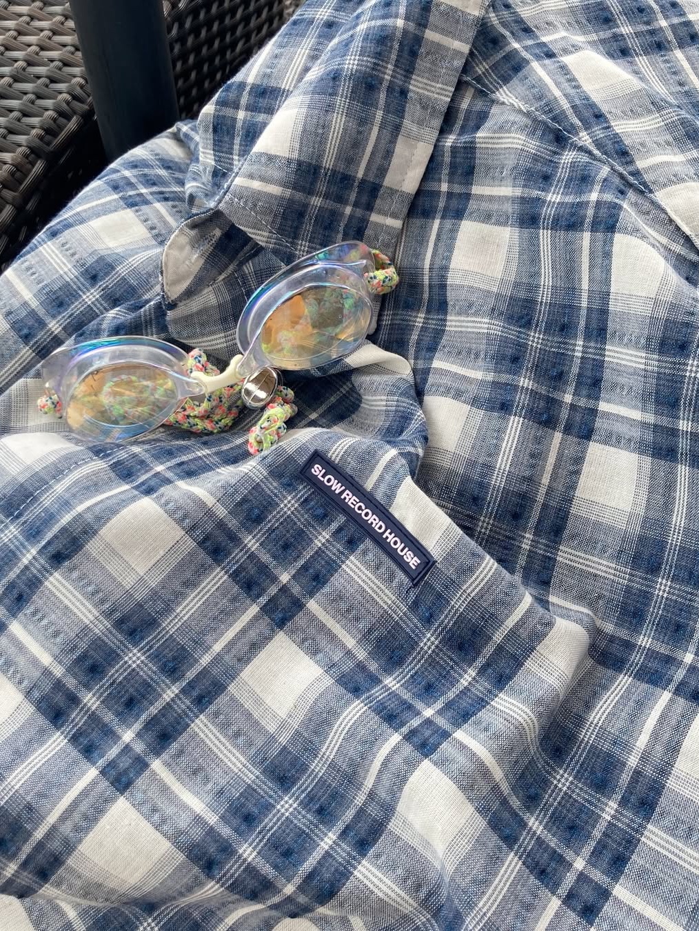 SLOW RECORD HOUSE Seersucker Oversized Check Shirts Blue 착용 스타일 - 4