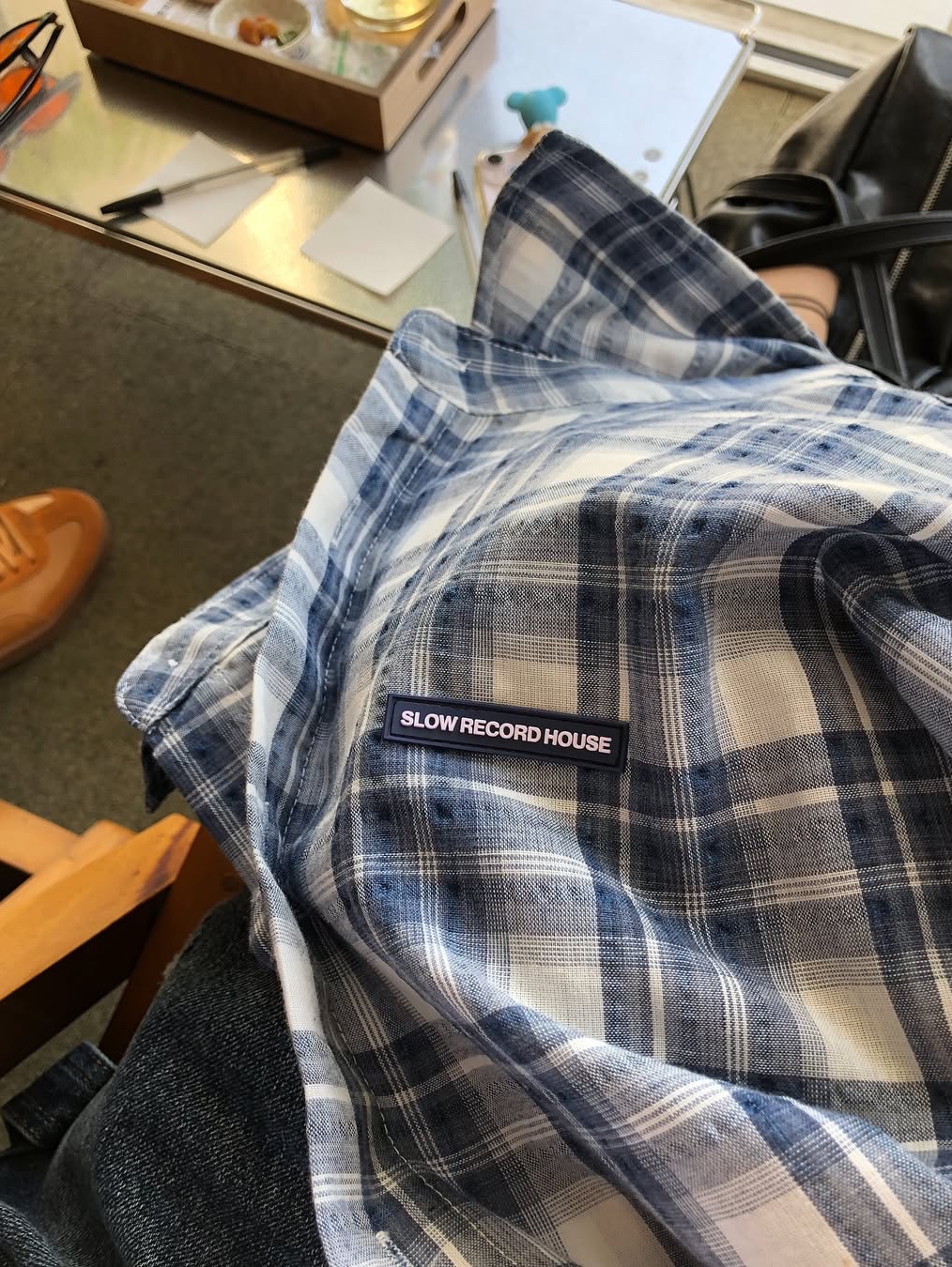 SLOW RECORD HOUSE Seersucker Oversized Check Shirts Blue 착용 스타일 - 6