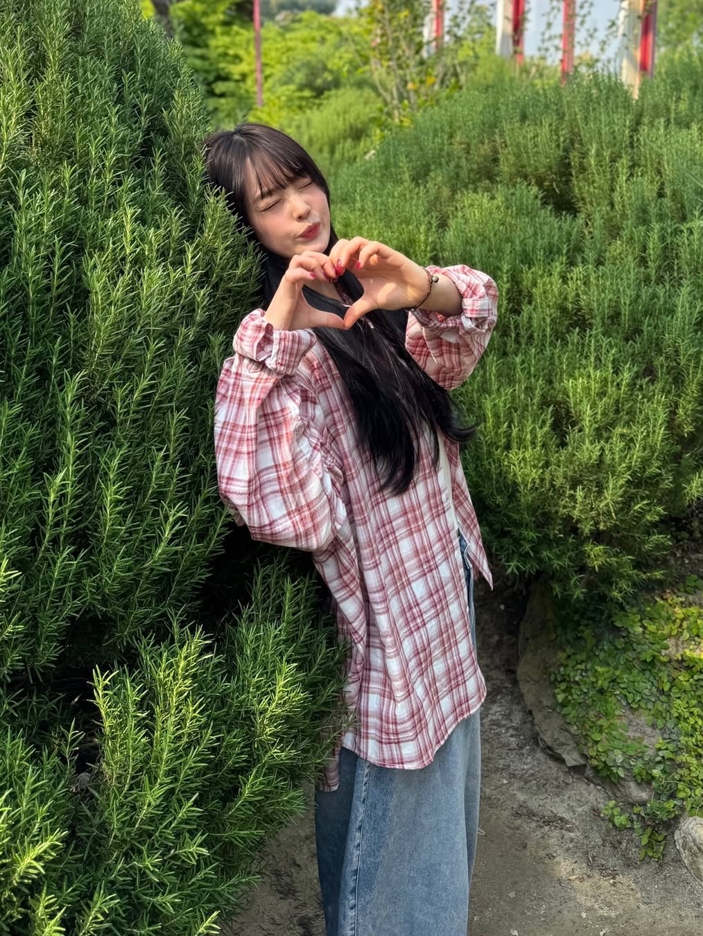 SLOW RECORD HOUSE Seersucker Oversized Check Shirts Red 착용 스타일 - 8