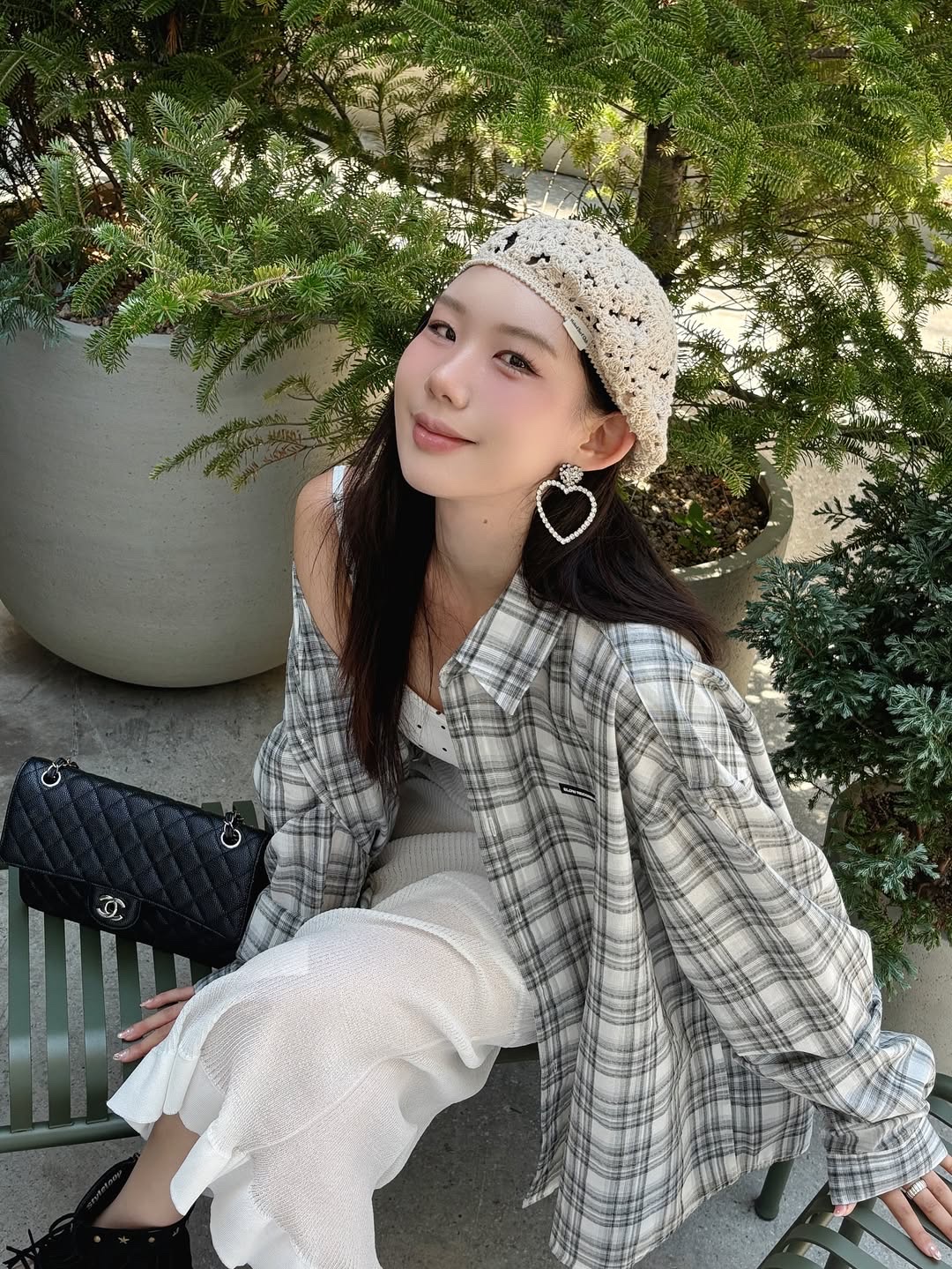 SLOW RECORD HOUSE Seersucker Oversized Check Shirts Black 착용 스타일 - 2
