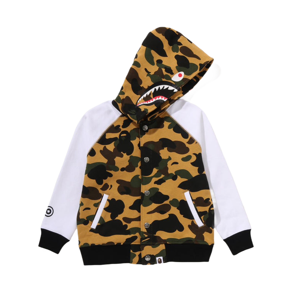 (키즈) 베이프 퍼스트 카모 샤크 후드 스웨트 바시티 자켓 옐로우((Kids) BAPE 1st Camo Shark Hoodie Sweat Varsity Jacket Yellow) - 1