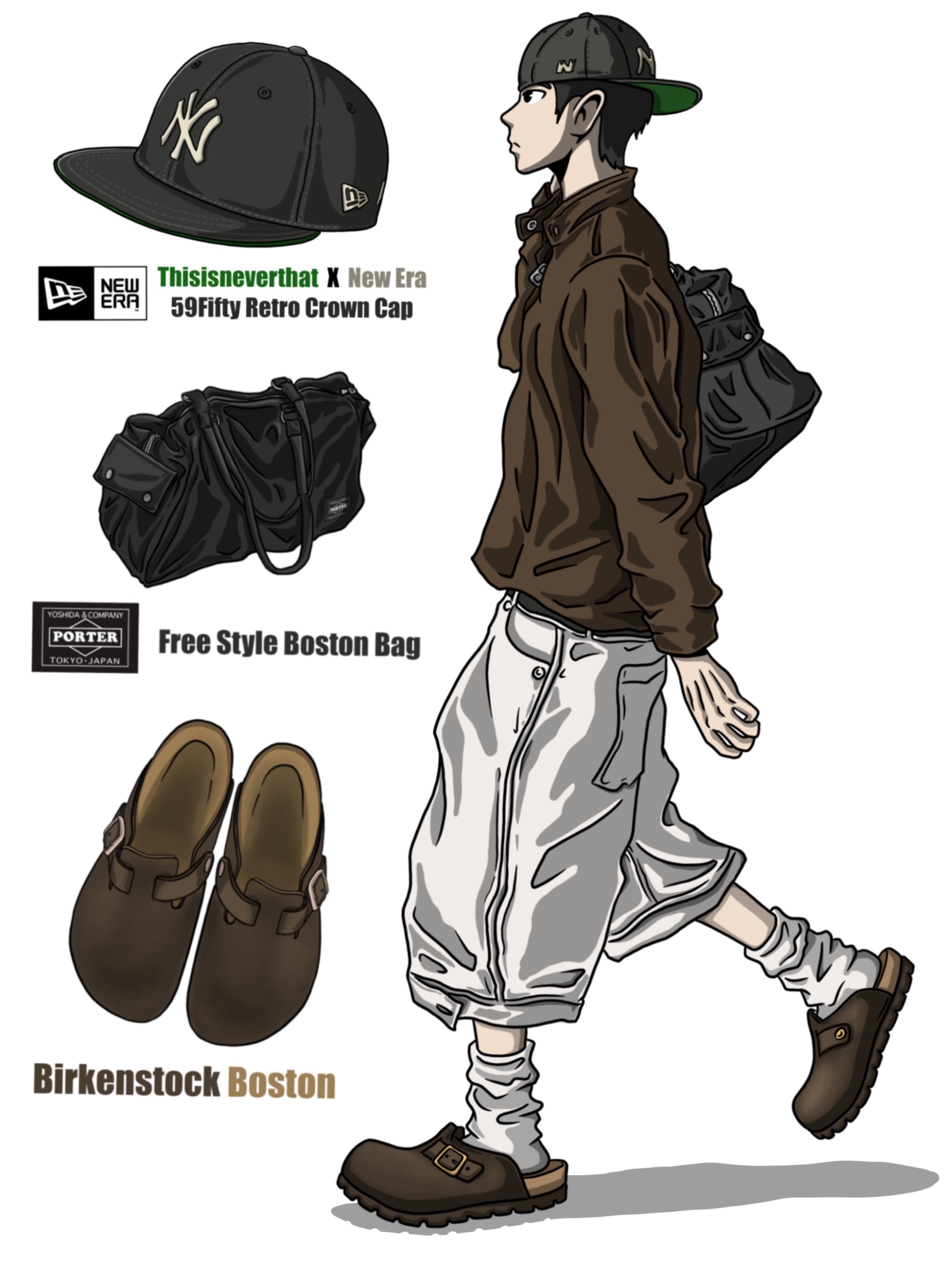 Thisisneverthat x New Era x MLB New York Yankees 59Fifty Retro Crown Cap Black, Porter Free Style Boston Bag Black 착용 스타일
