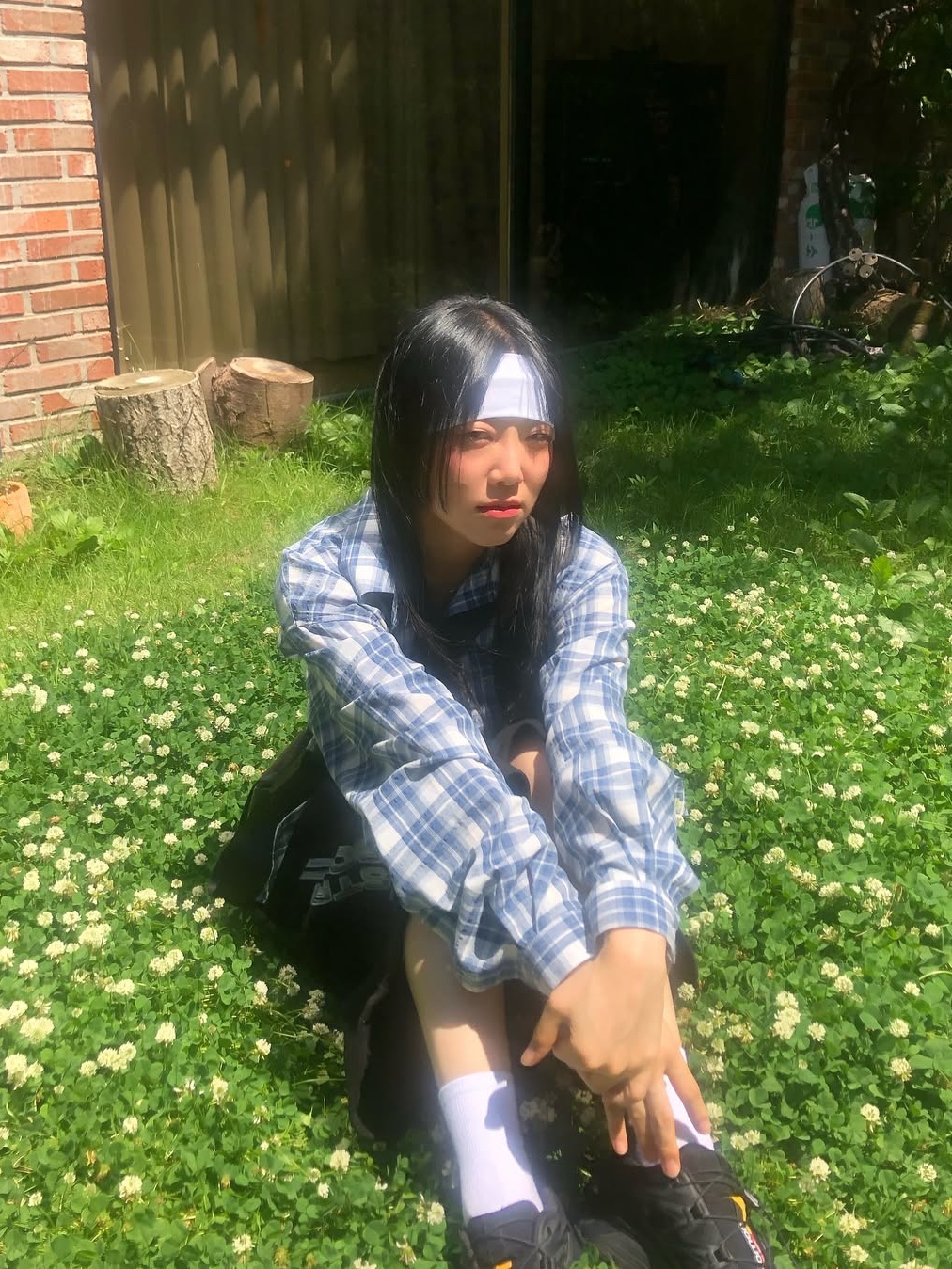 SLOW RECORD HOUSE Seersucker Oversized Check Shirts Blue 착용 스타일 - 2