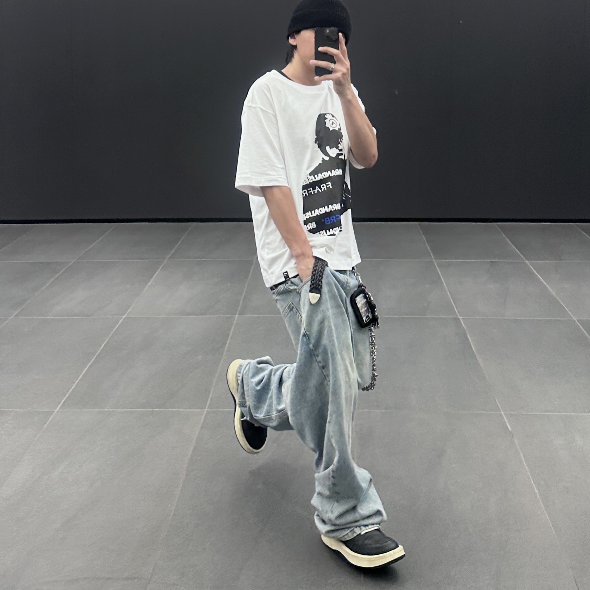 NOD Wide Baggy Denim pants Light blue, Converse x Drkshdw Turbowpn Black Cream 착용 스타일 - 2