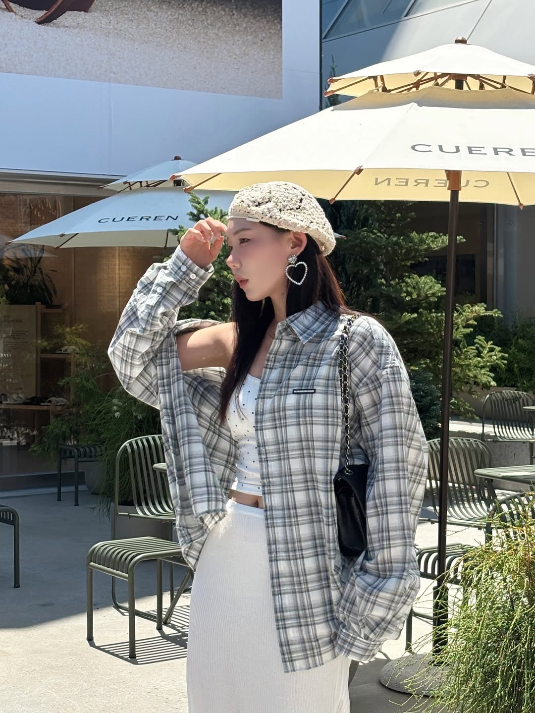 SLOW RECORD HOUSE Seersucker Oversized Check Shirts Black 착용 스타일 - 4