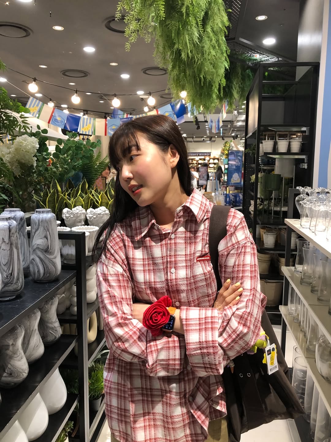 SLOW RECORD HOUSE Seersucker Oversized Check Shirts Red 착용 스타일 - 2