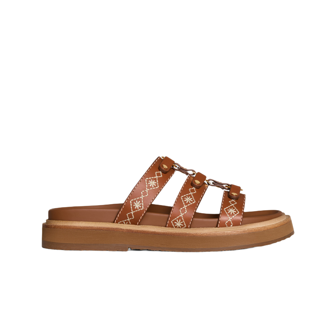 357285208C-04LE (W) Celine Tippi Slide in Embroidered Calfskin Tan Ecru