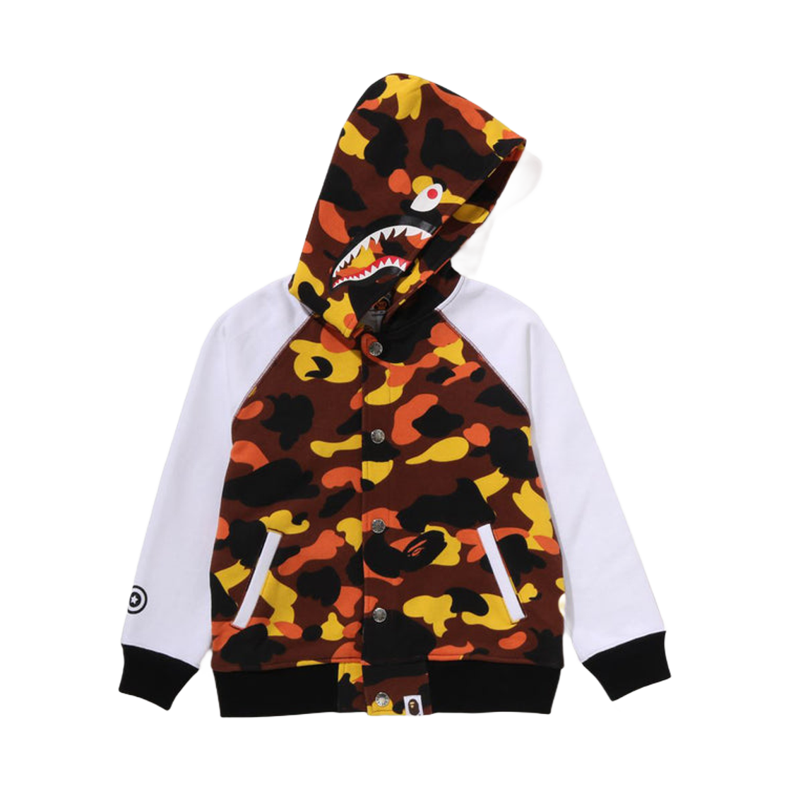 (키즈) 베이프 퍼스트 카모 샤크 후드 스웨트 바시티 자켓 오렌지((Kids) BAPE 1st Camo Shark Hoodie Sweat Varsity Jacket Orange) - 1