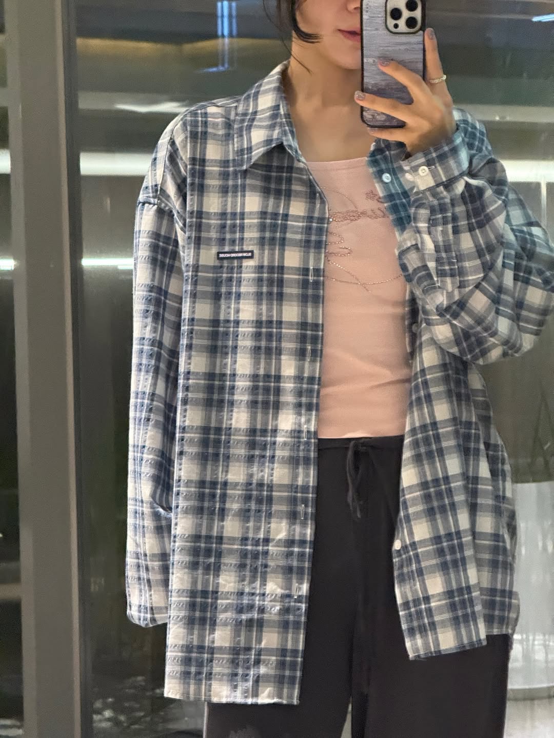 SLOW RECORD HOUSE Seersucker Oversized Check Shirts Blue 착용 스타일 - 9