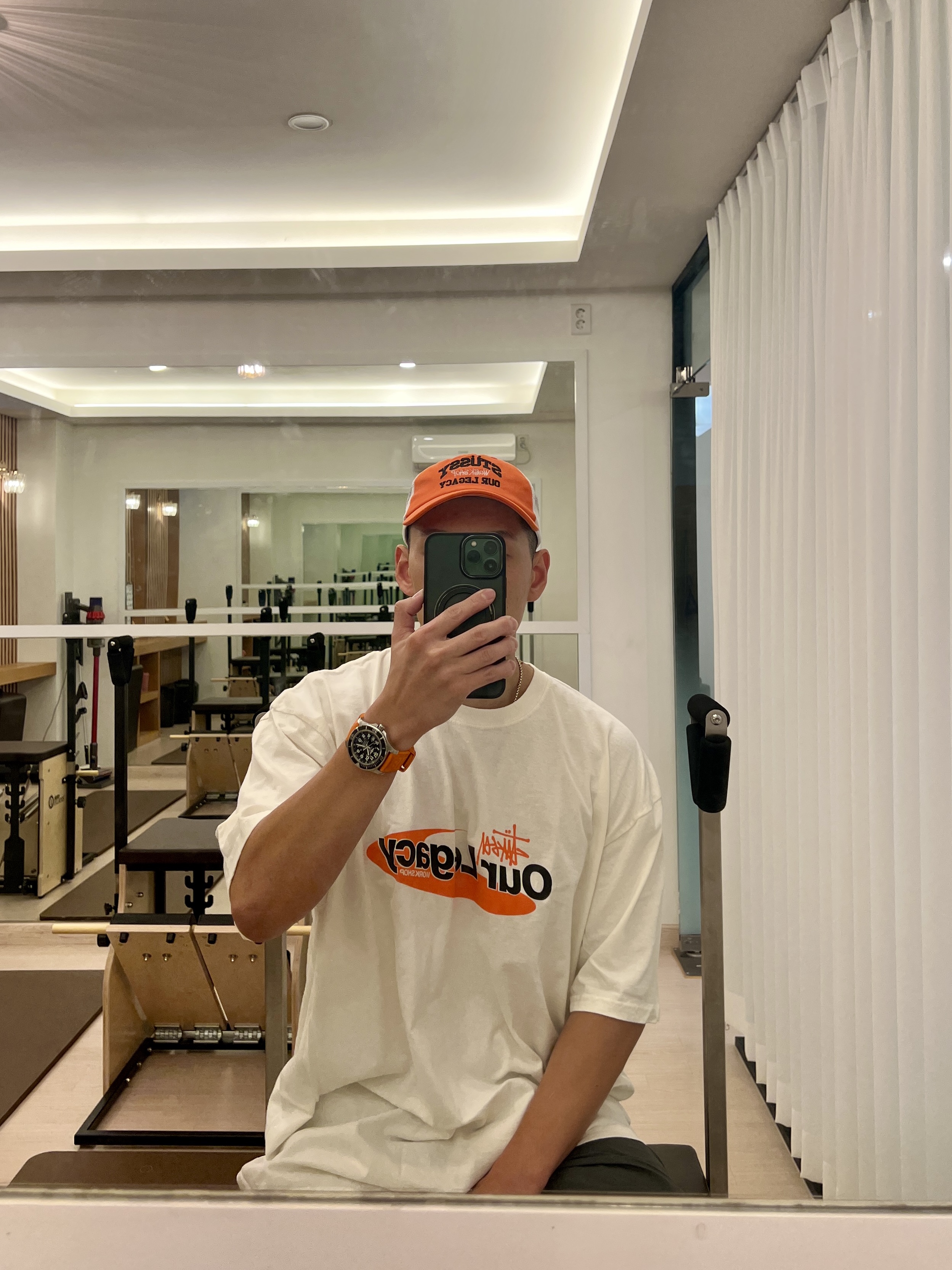 Stussy x Our Legacy Work Shop Swirl Pigment Dyed T-Shirt Natural, Stussy x Our Legacy Work Shop Low Profile Trucker Cap Fire 착용 스타일