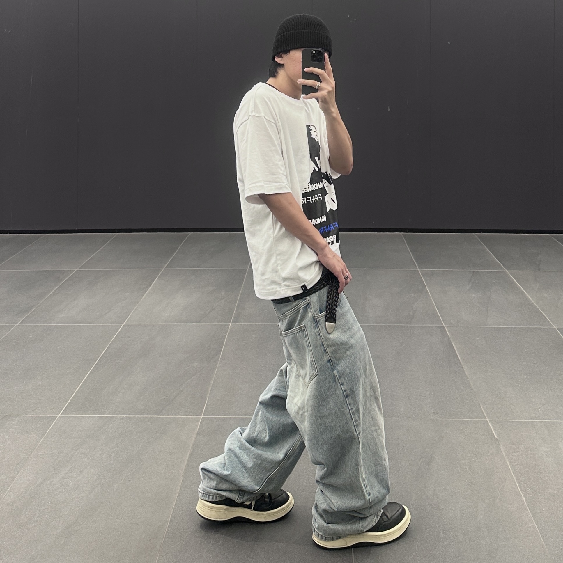 NOD Wide Baggy Denim pants Light blue, Converse x Drkshdw Turbowpn Black Cream 착용 스타일 - 1