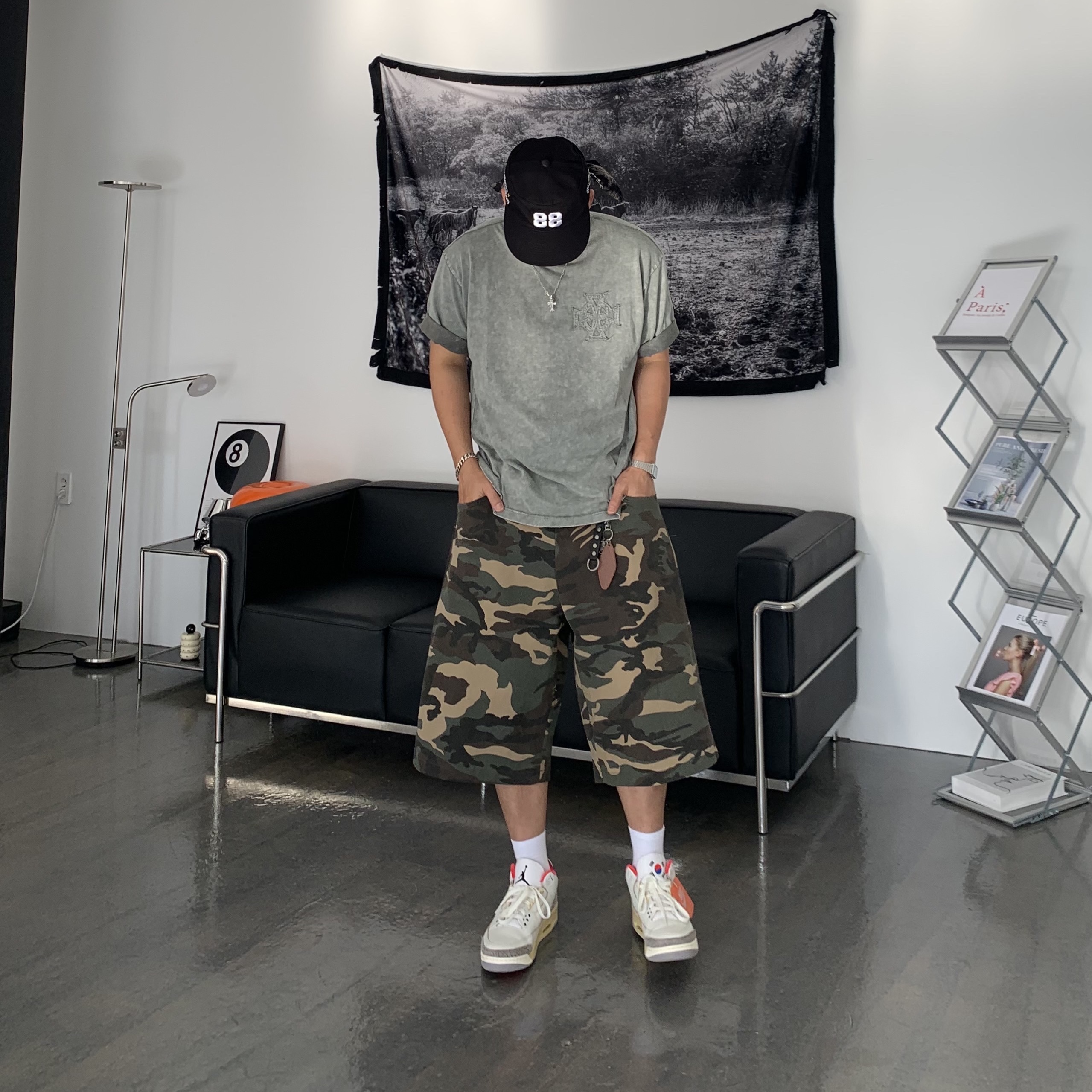 SLOW RECORD HOUSE Carpenter Bermuda Wide Camo Pants Vintage Green, Jordan 3 Retro Seoul 2.0 착용 스타일 - 5