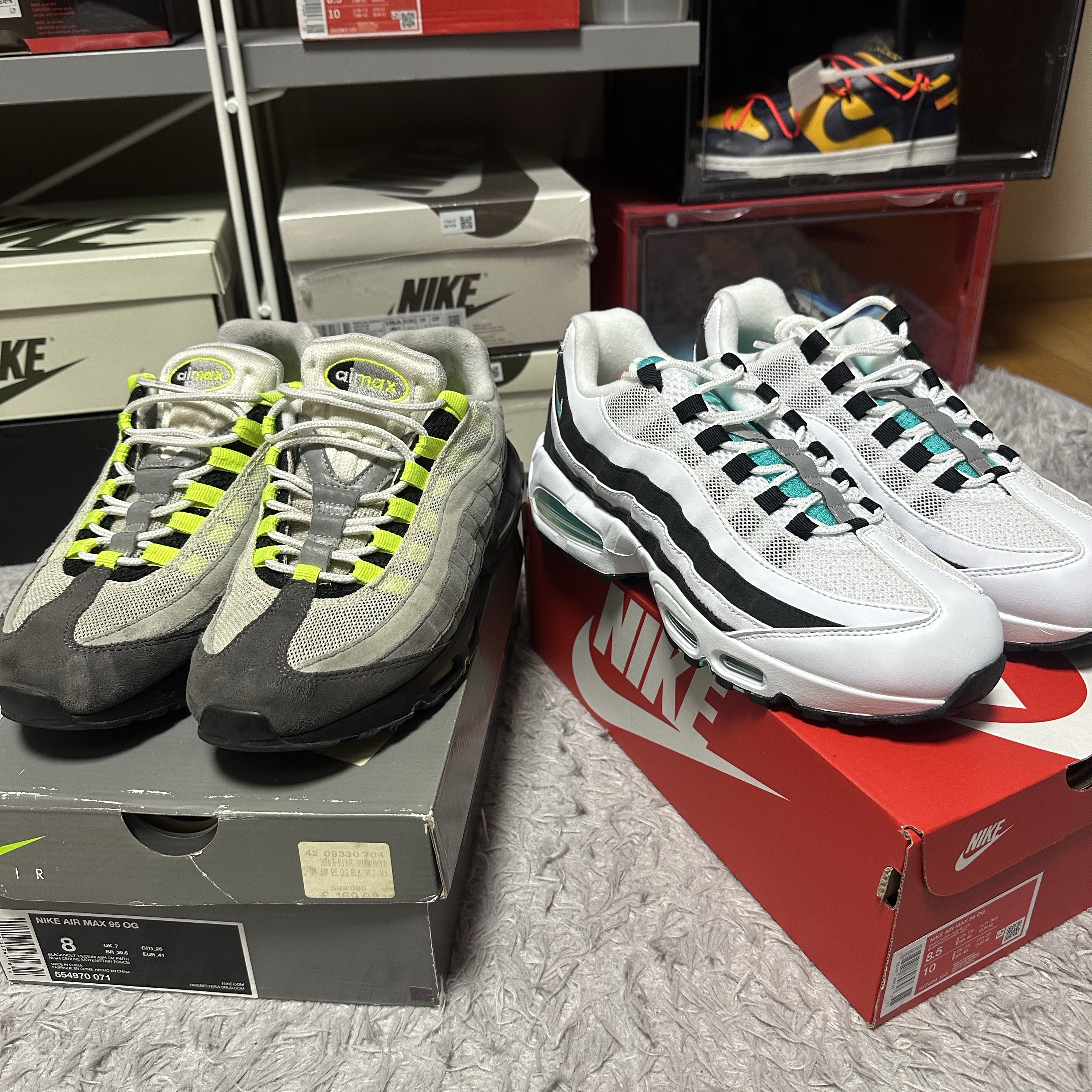 Nike Air Max 95 OG White and Black, Nike Air Max 95 OG Neon Yellow 2020 착용 스타일 - 1