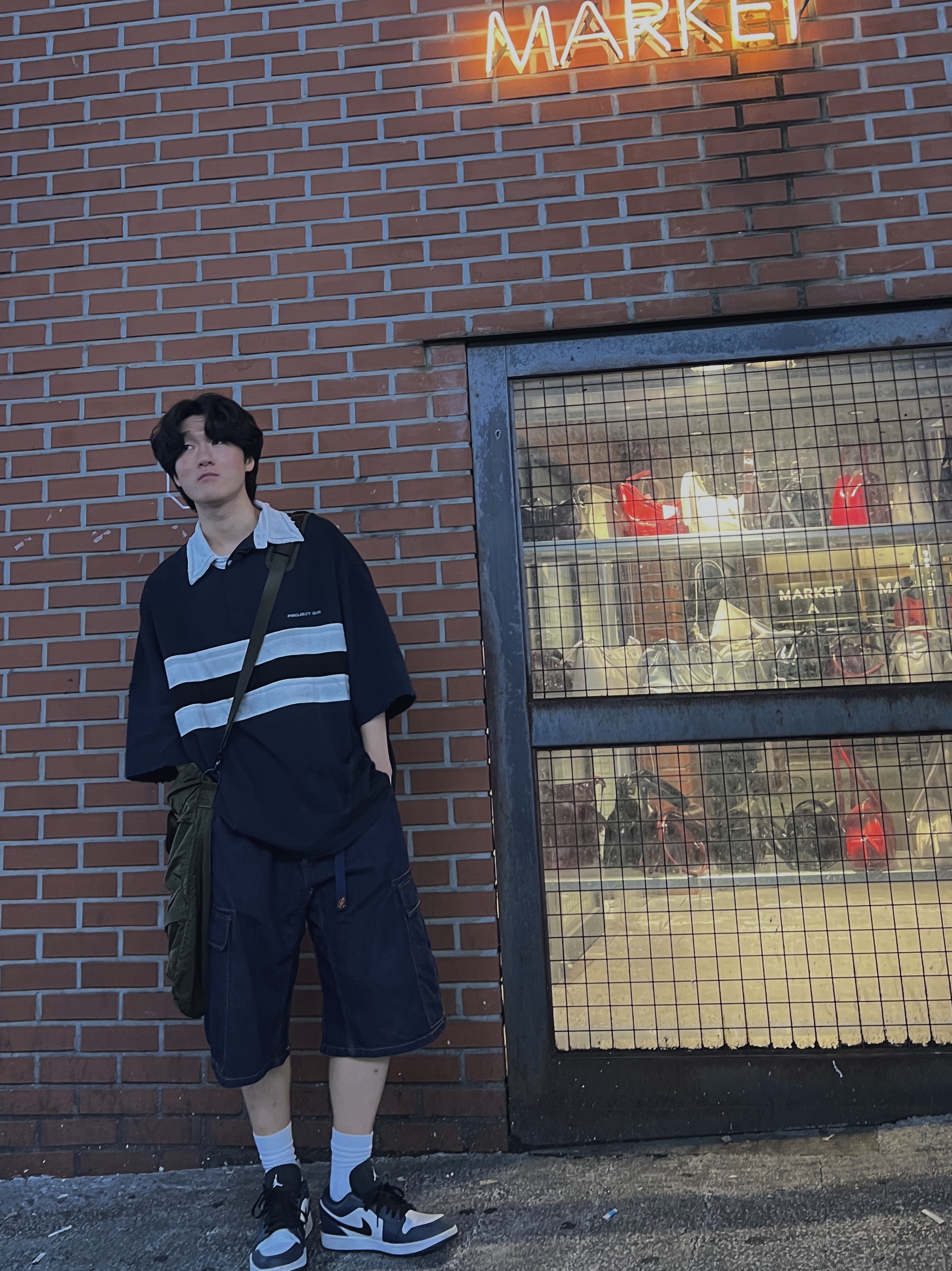 Project G/R Bullied Half Polo Shirts Navy, C.P. Company Nylon B Tote Bag Ivy Green - 24FW 착용 스타일 - 2