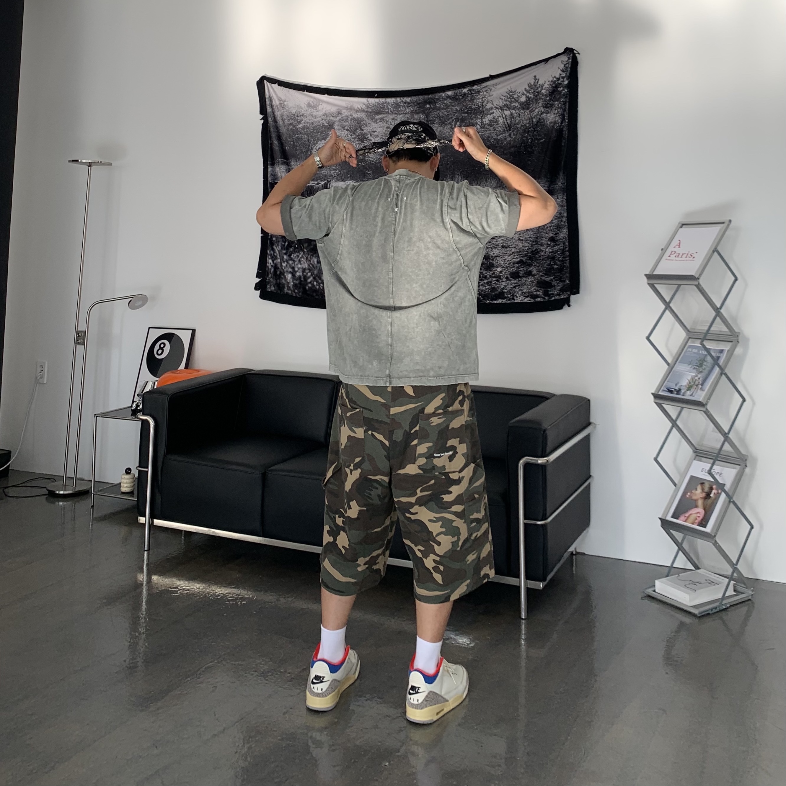 SLOW RECORD HOUSE Carpenter Bermuda Wide Camo Pants Vintage Green, Jordan 3 Retro Seoul 2.0 착용 스타일 - 4
