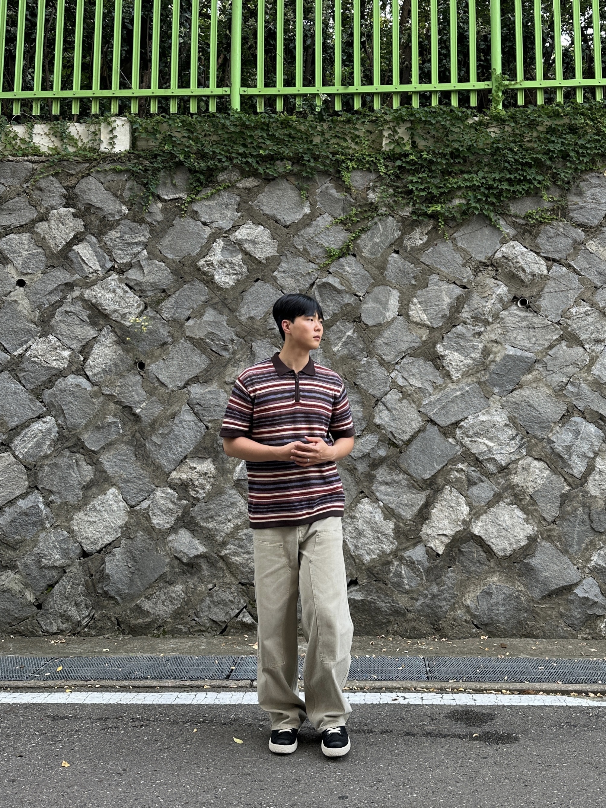 Thisisneverthat Striped Short Sleeve Knit Polo Red 착용 스타일 - 1