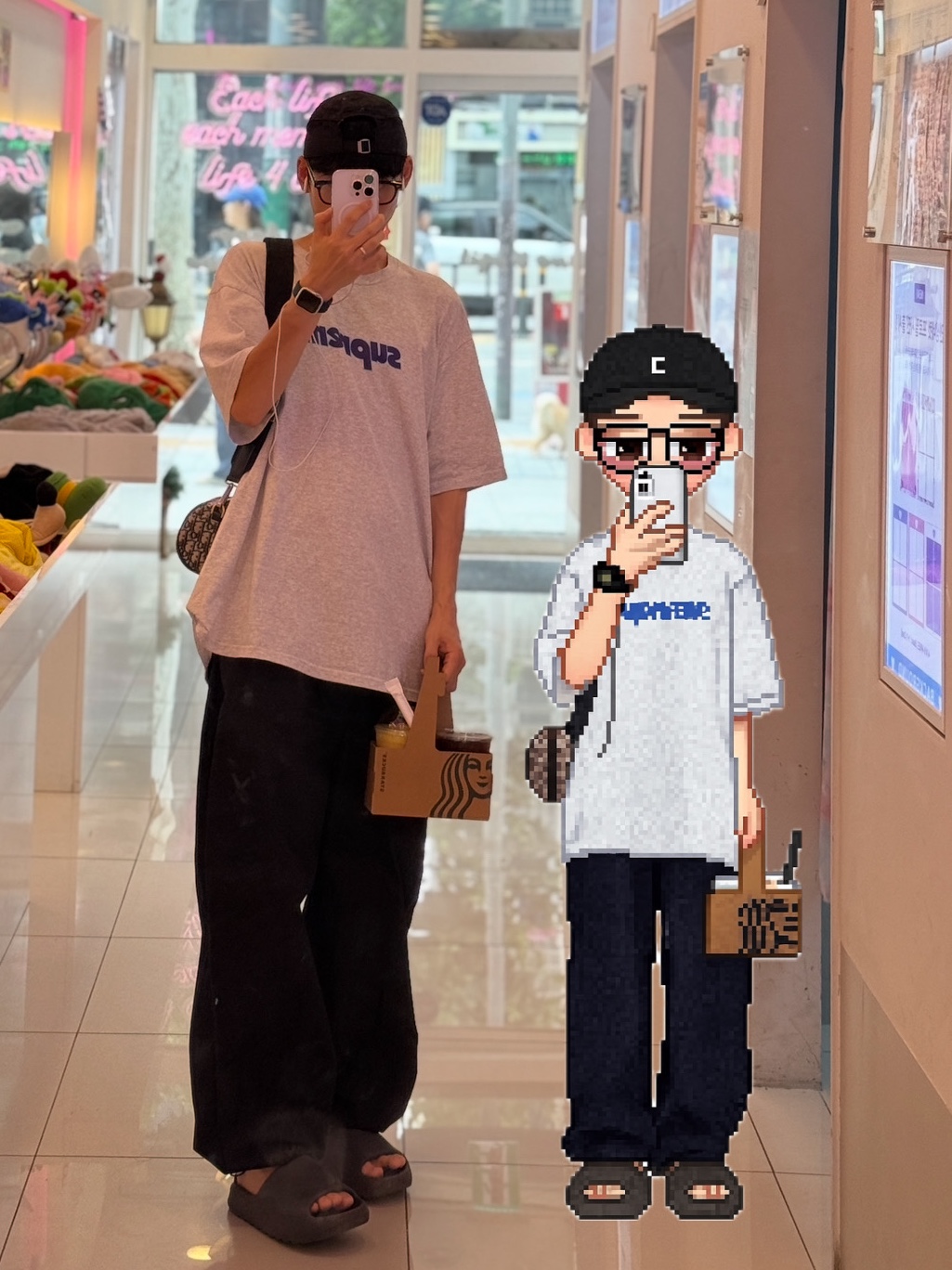 Adidas Yeezy Slide Onyx, Supreme Pinline T-Shirt Ash Grey - 24SS 착용 스타일 - 5
