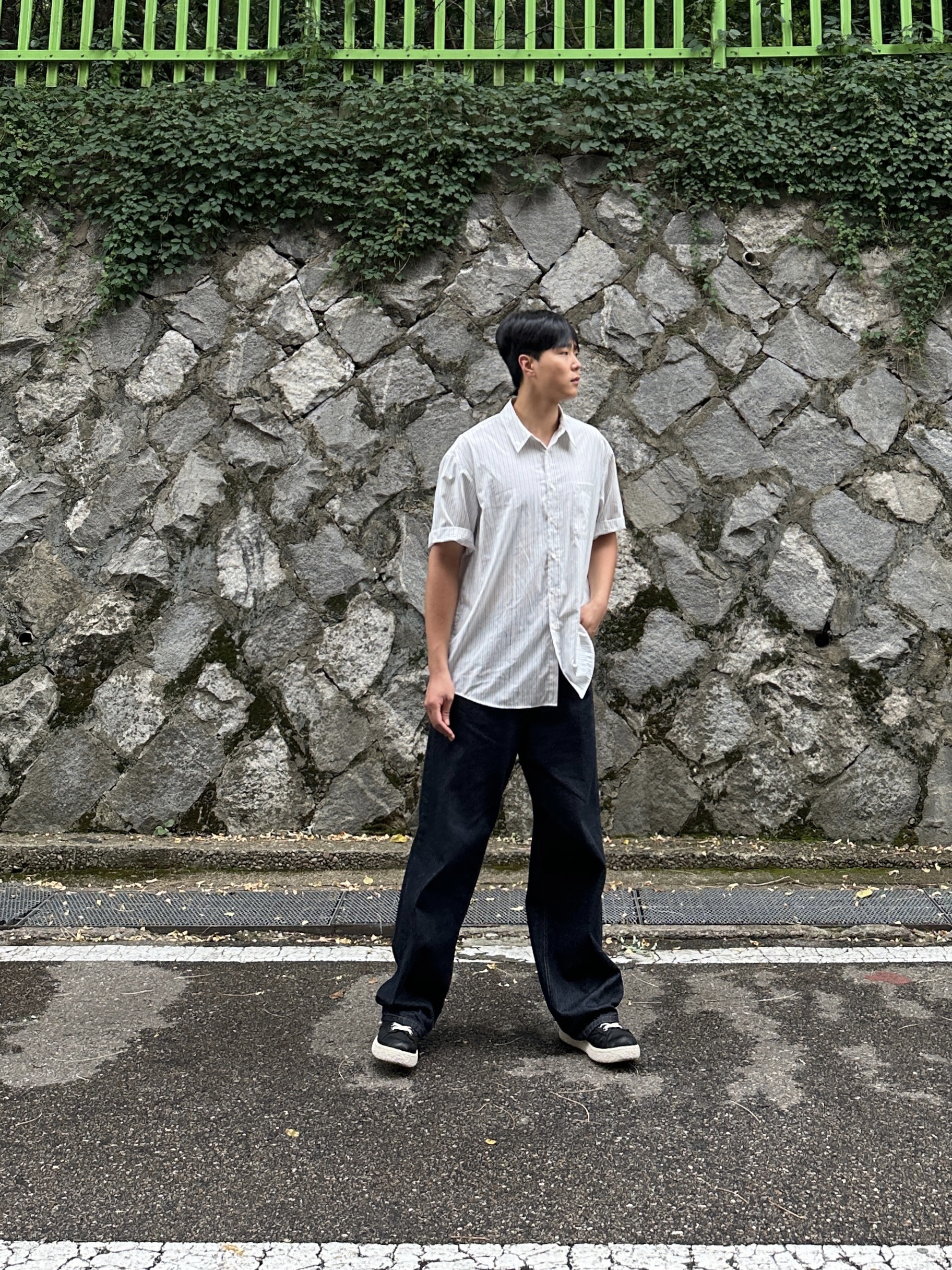 STU Stripe Denim Pants Mid Blue 착용 스타일 - 2