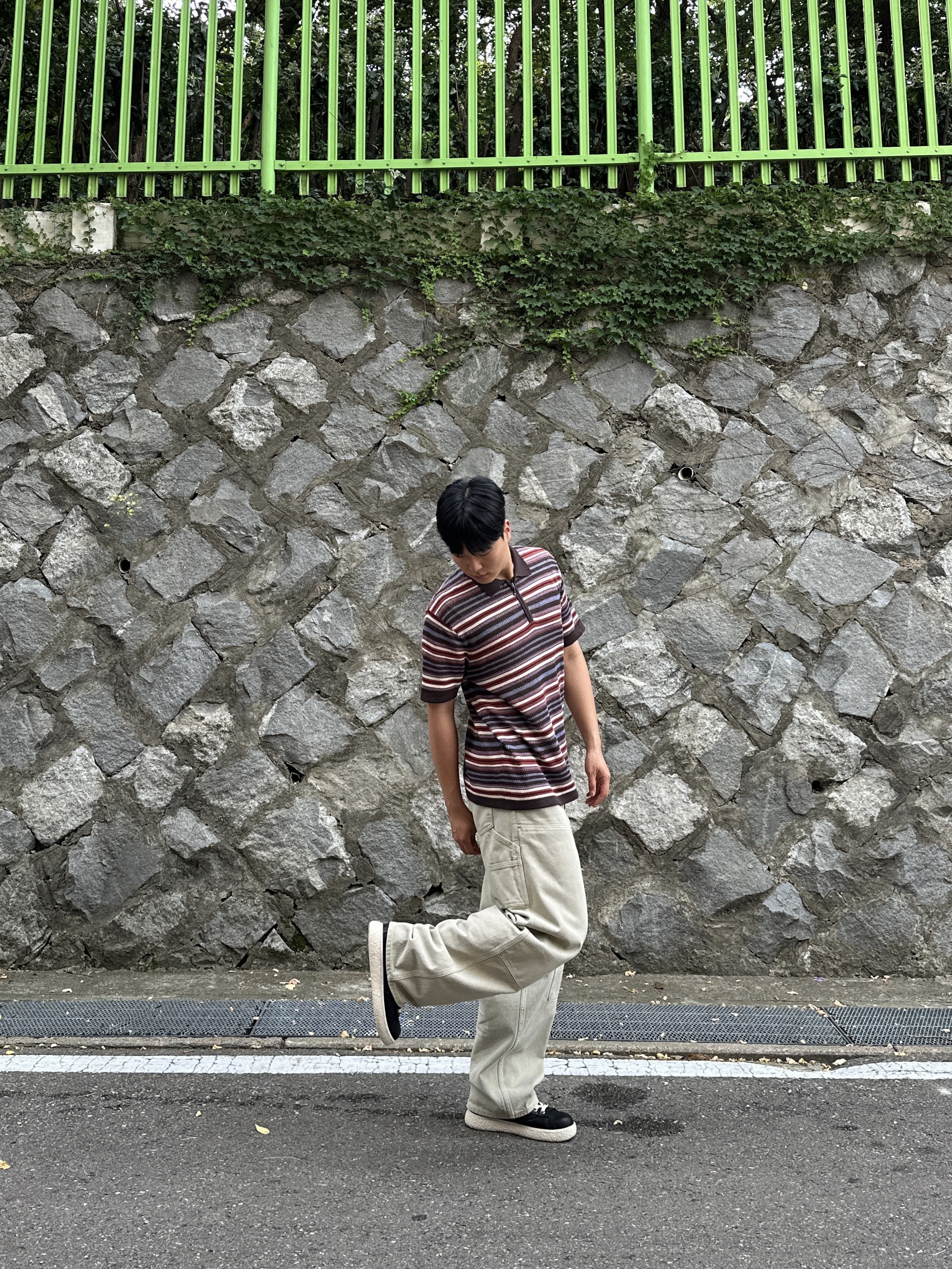 Thisisneverthat Striped Short Sleeve Knit Polo Red 착용 스타일 - 2