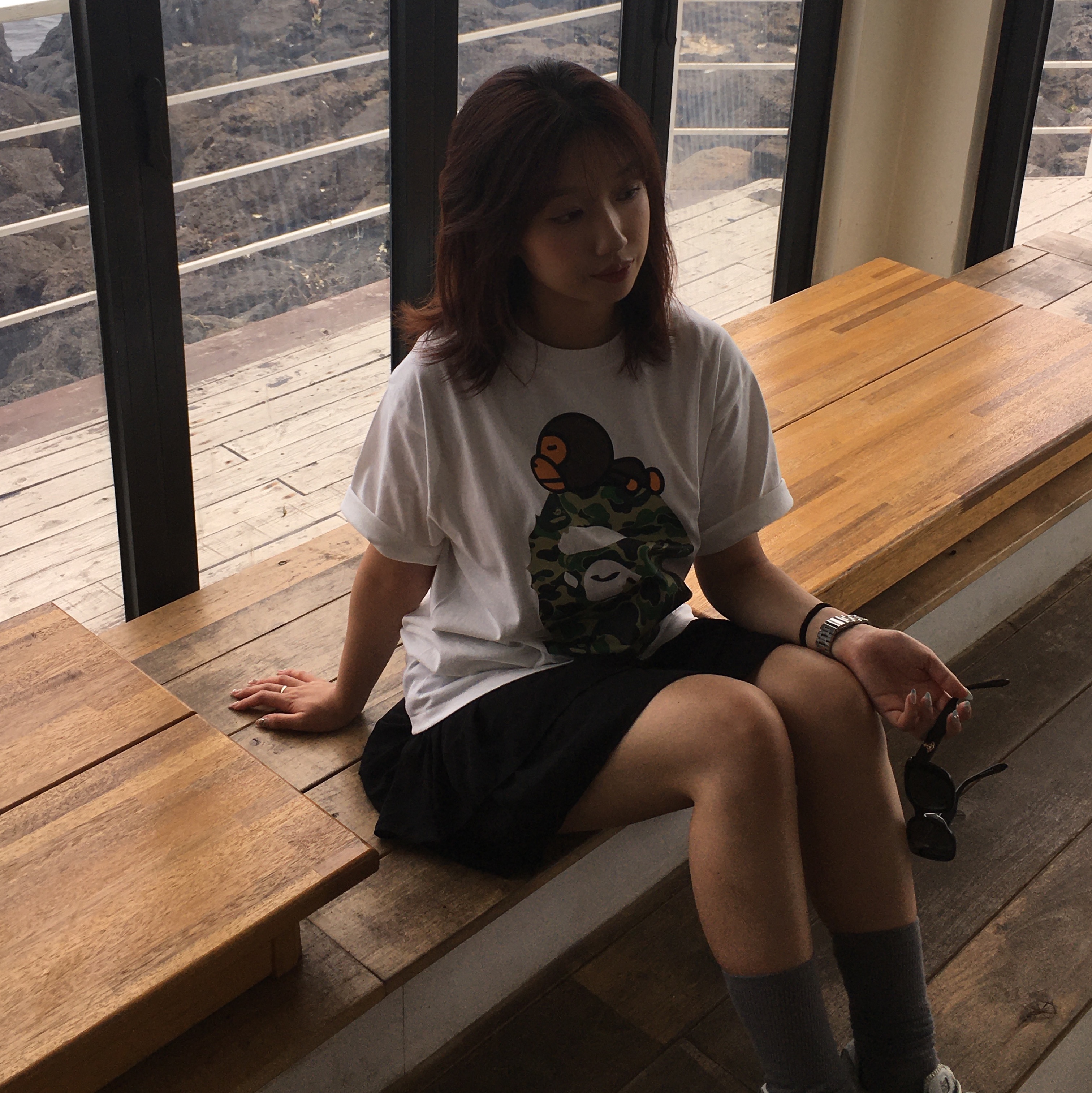 BAPE ABC Camo Milo on Big Ape T-Shirt White Green 착용 스타일 - 2