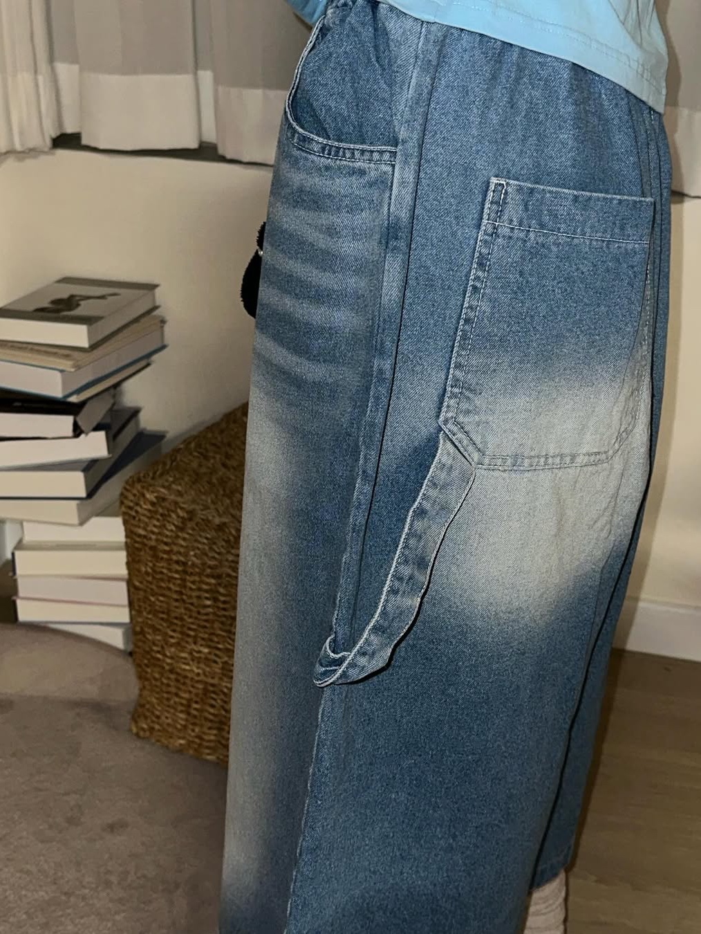 SLOW RECORD HOUSE Carpenter Bermuda Wide Denim Pants Medium Blue 착용 스타일 - 8
