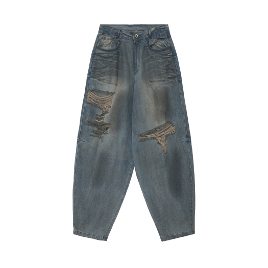 BLR2E04PT02-LBL BLR Destroyed Oil Washed Wide Denim Pants Light Blue