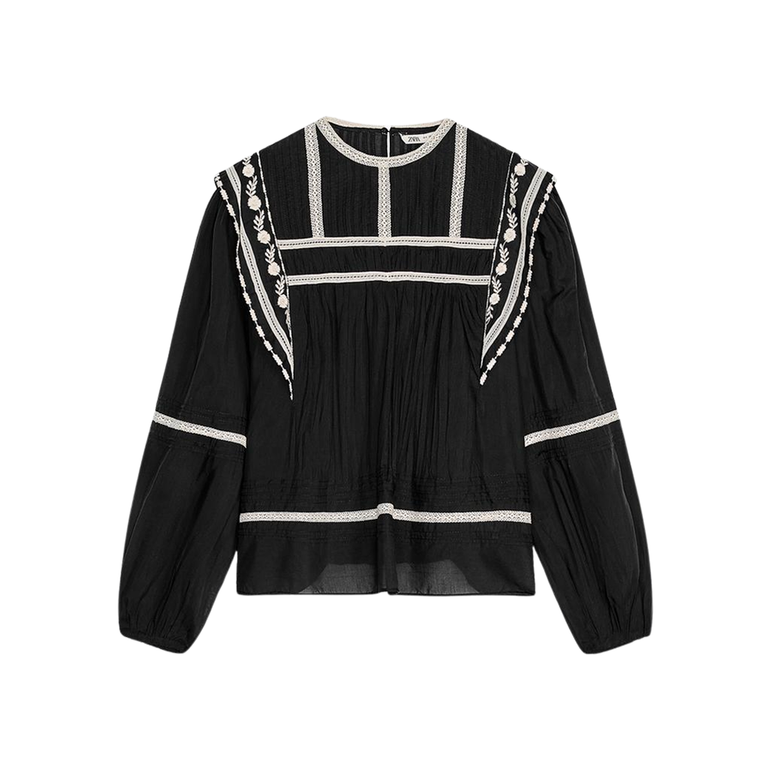 (W) 자라 ZW 컬렉션 콘트라스트 자수 블라우스 블랙 크림((W) Zara ZW Collection Blouse with Contrast Embroidered Black Cream)