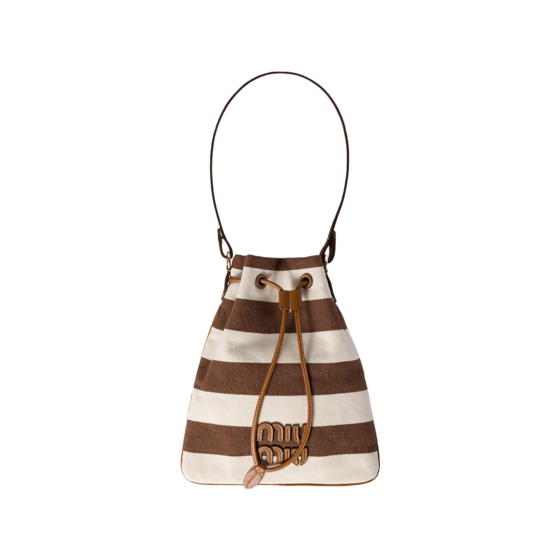【MiuMiu】ストライプ ファブリック ドローストリングポーチ ダークブラウン／ナチュラル ストライプ ファブリック ドロー