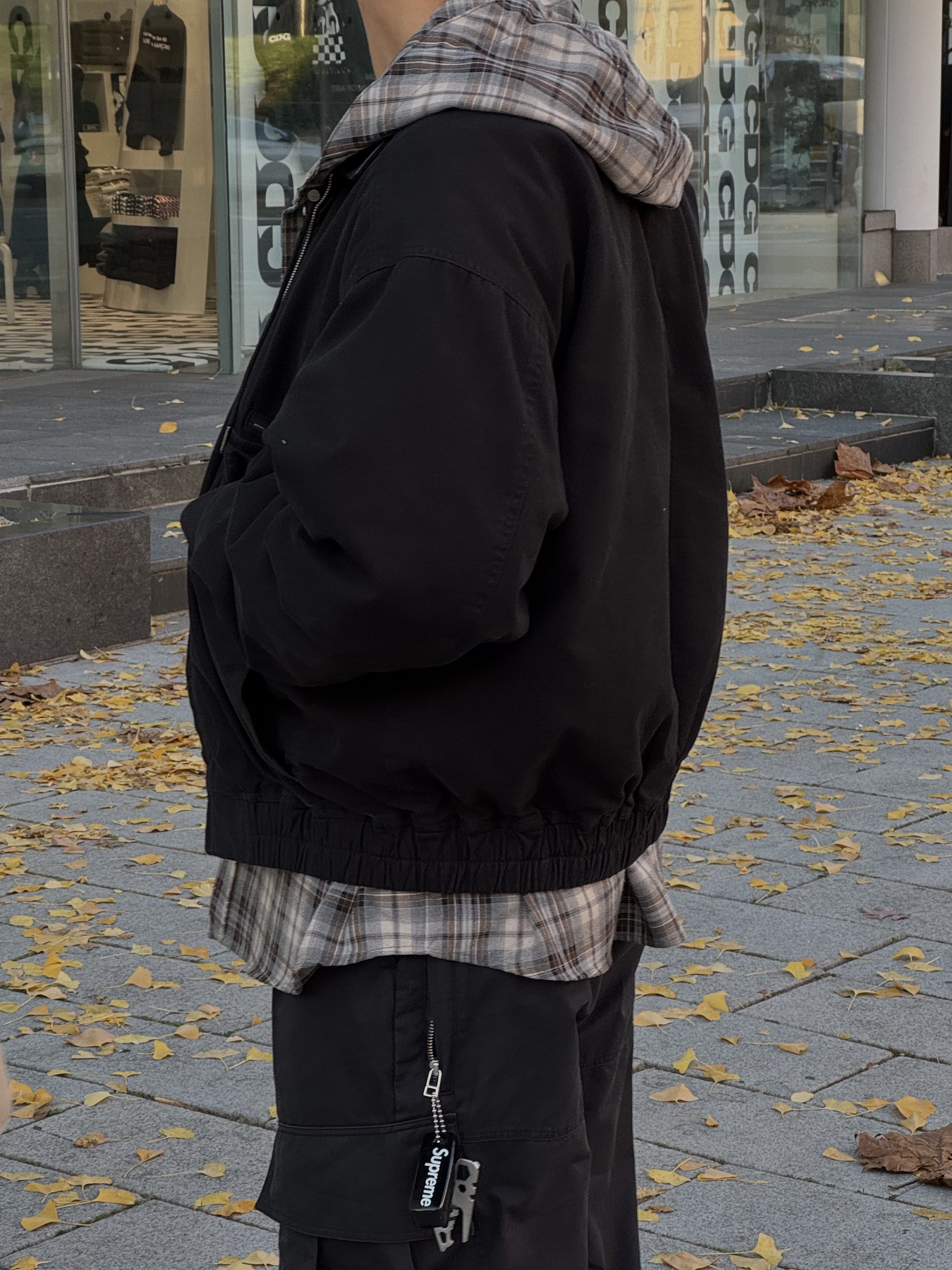 Supreme Leather Collar Utility Jacket Black - 24FW, Haleine Incision Check Hooded Shirts Cookie 착용 스타일 - 2