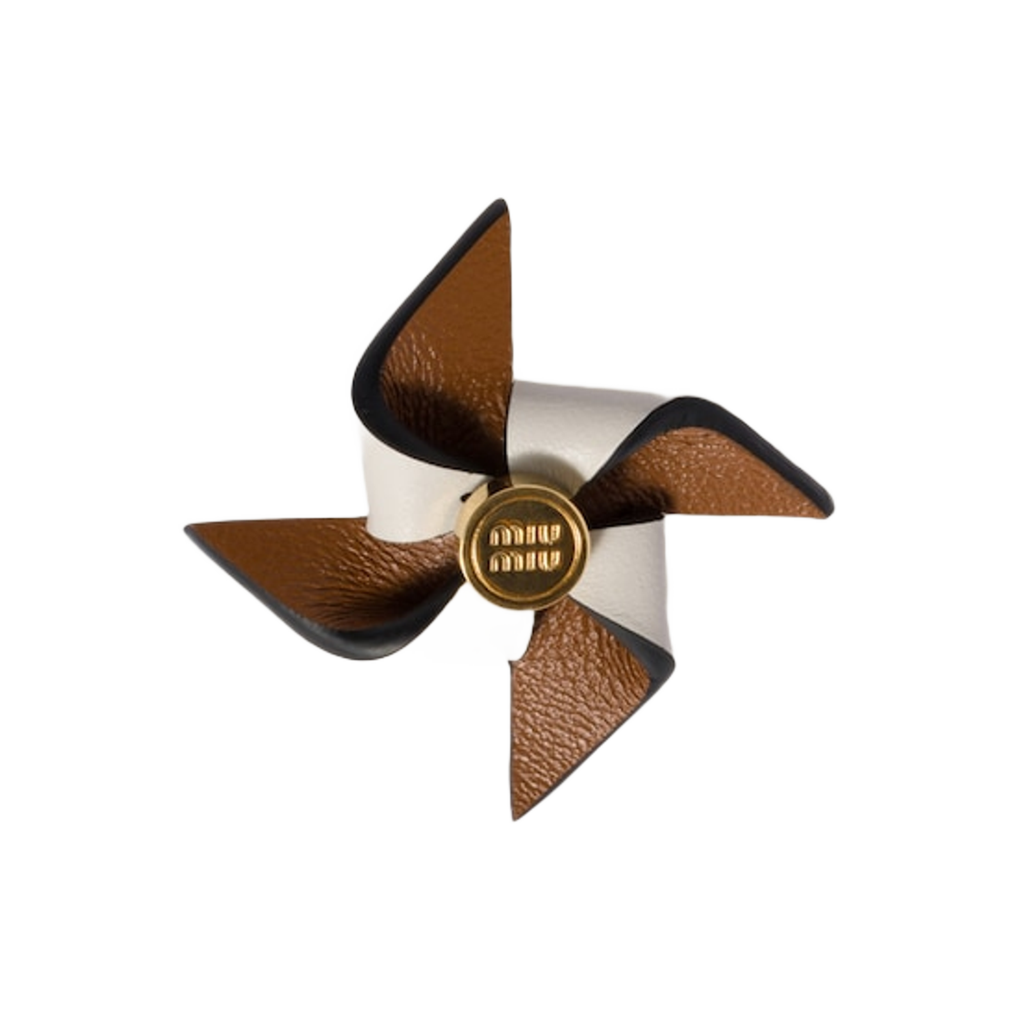 5IS114-2FLQ-F031W (W) Miu Miu Leather Pinwheel Brooch Cognac White