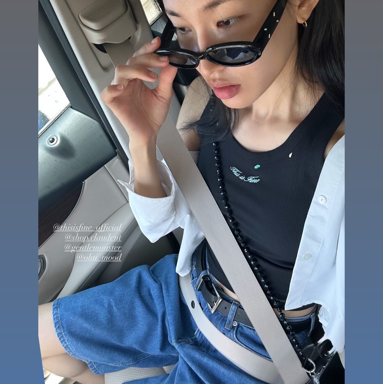 THIS IS FINE Ribbed Sleeveless Top Black, THIS IS FINE x FUNFLEX Denim Bermuda Shorts Blue 착용 스타일