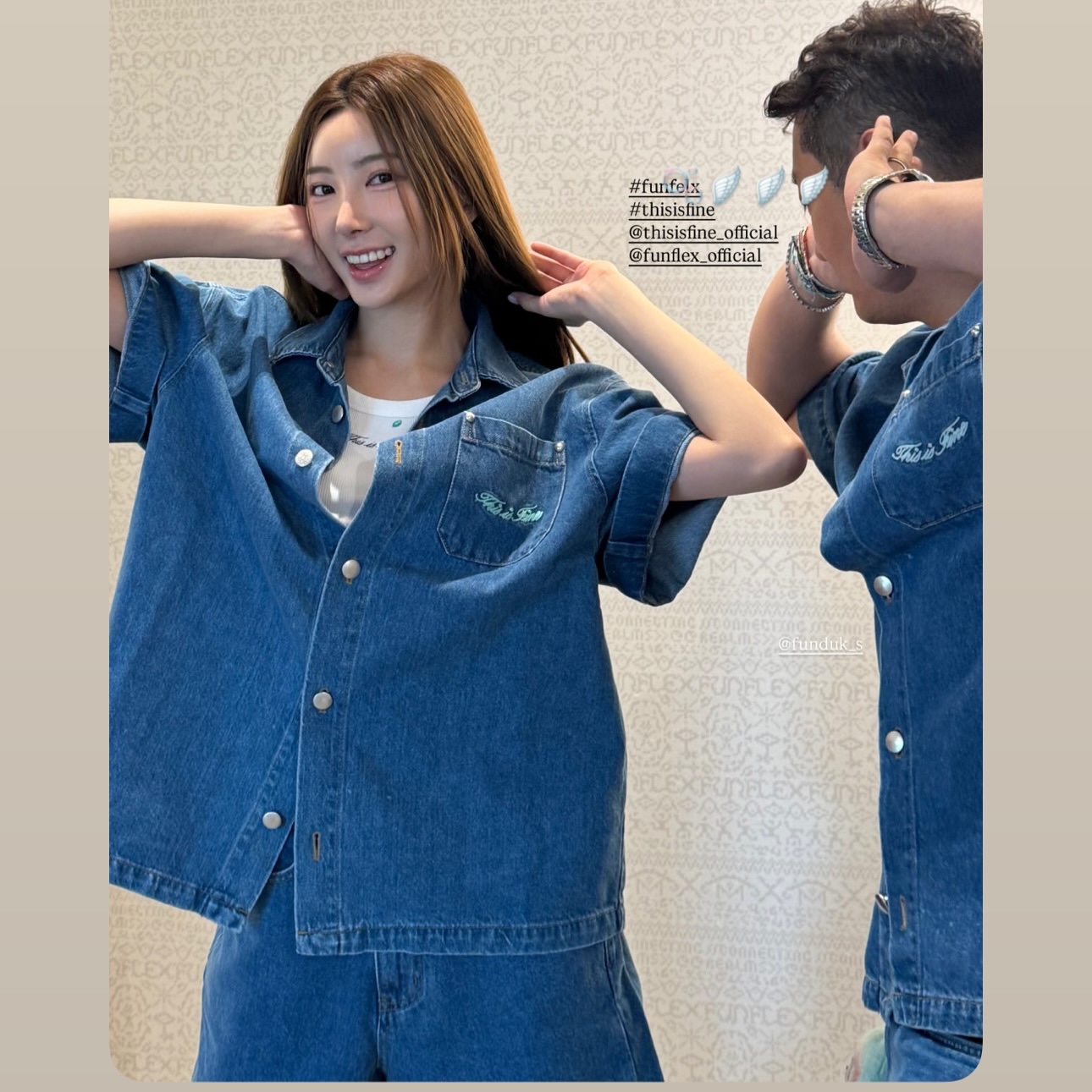 THIS IS FINE x FUNFLEX Denim Bermuda Shorts Blue, THIS IS FINE x FUNFLEX Denim Overshirts Blue 착용 스타일