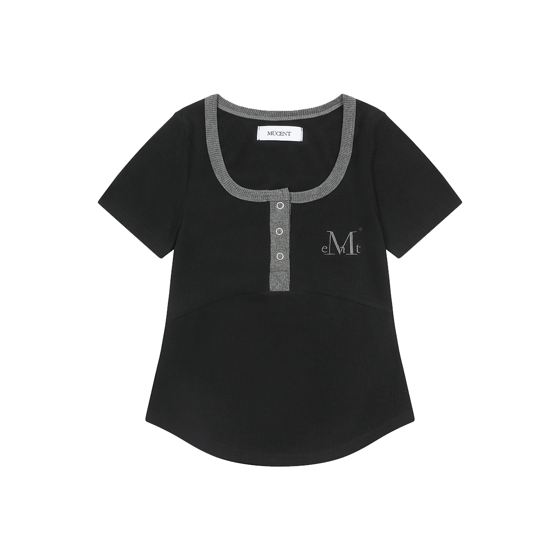 무센트 컬러팝 배색 버튼 크롭 골지 반팔 티 블랙(MUCENT Color-Pop Button Crop Half T Black) - 1