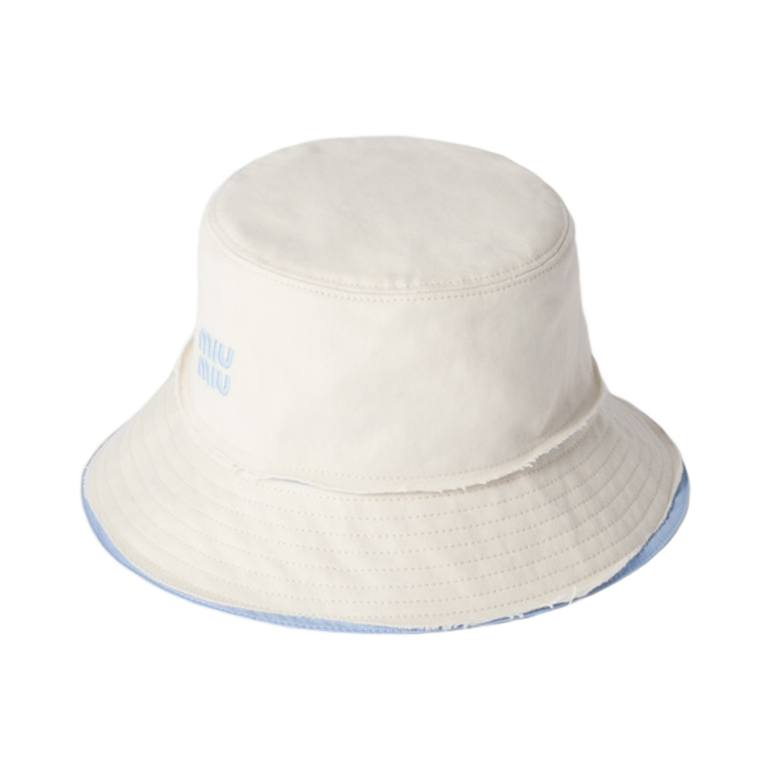 (W) 미우 미우 코튼 앤 포플린 버킷햇 초크 화이트 라이트 블루((W) Miu Miu Cotton and Poplin Bucket Hat Chalk White Light Blue) - 1