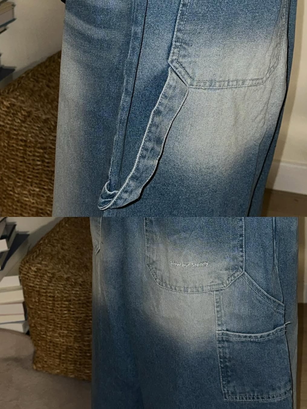 SLOW RECORD HOUSE Carpenter Bermuda Wide Denim Pants Medium Blue 착용 스타일 - 7
