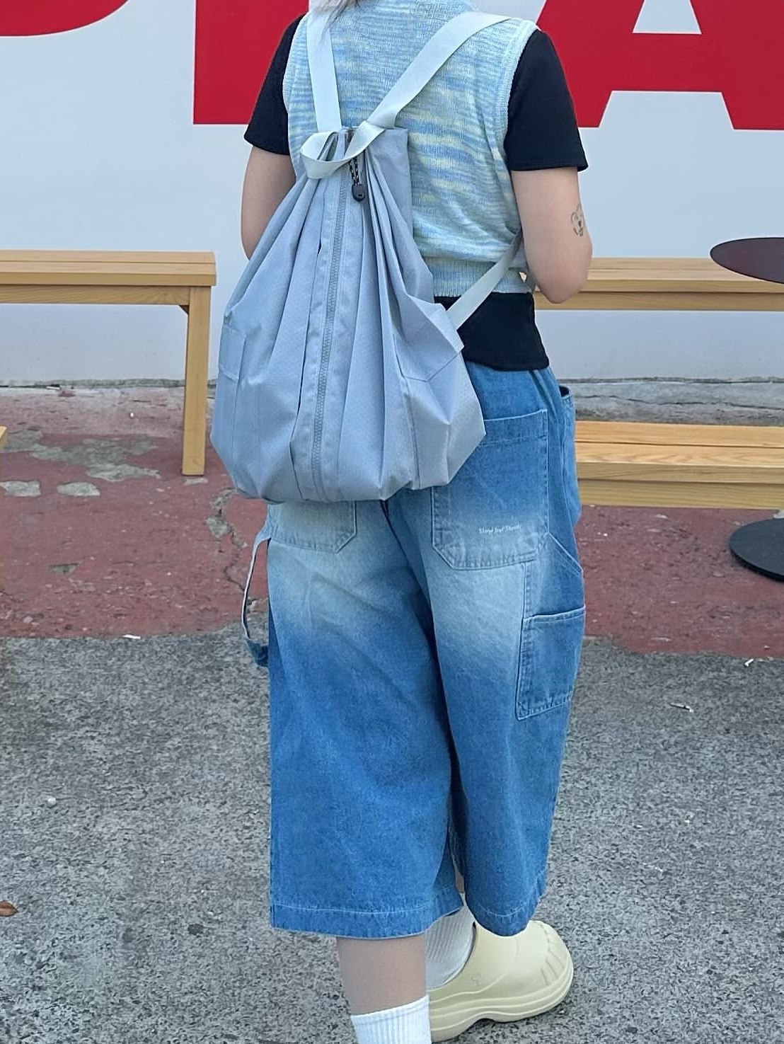 SLOW RECORD HOUSE Carpenter Bermuda Wide Denim Pants Medium Blue 착용 스타일 - 6