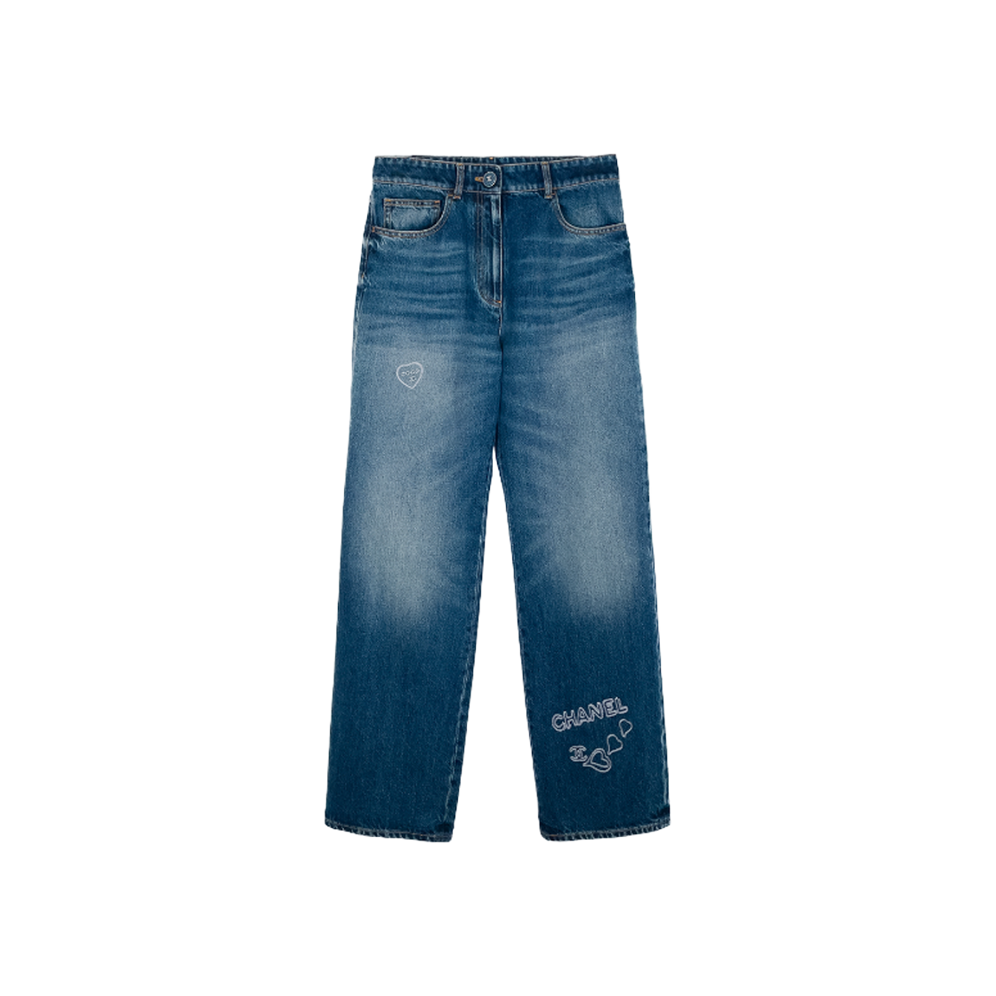 IT5T7EMT26IO Chanel 24B Heart Embroidery Denim Pants Size 36 Blue