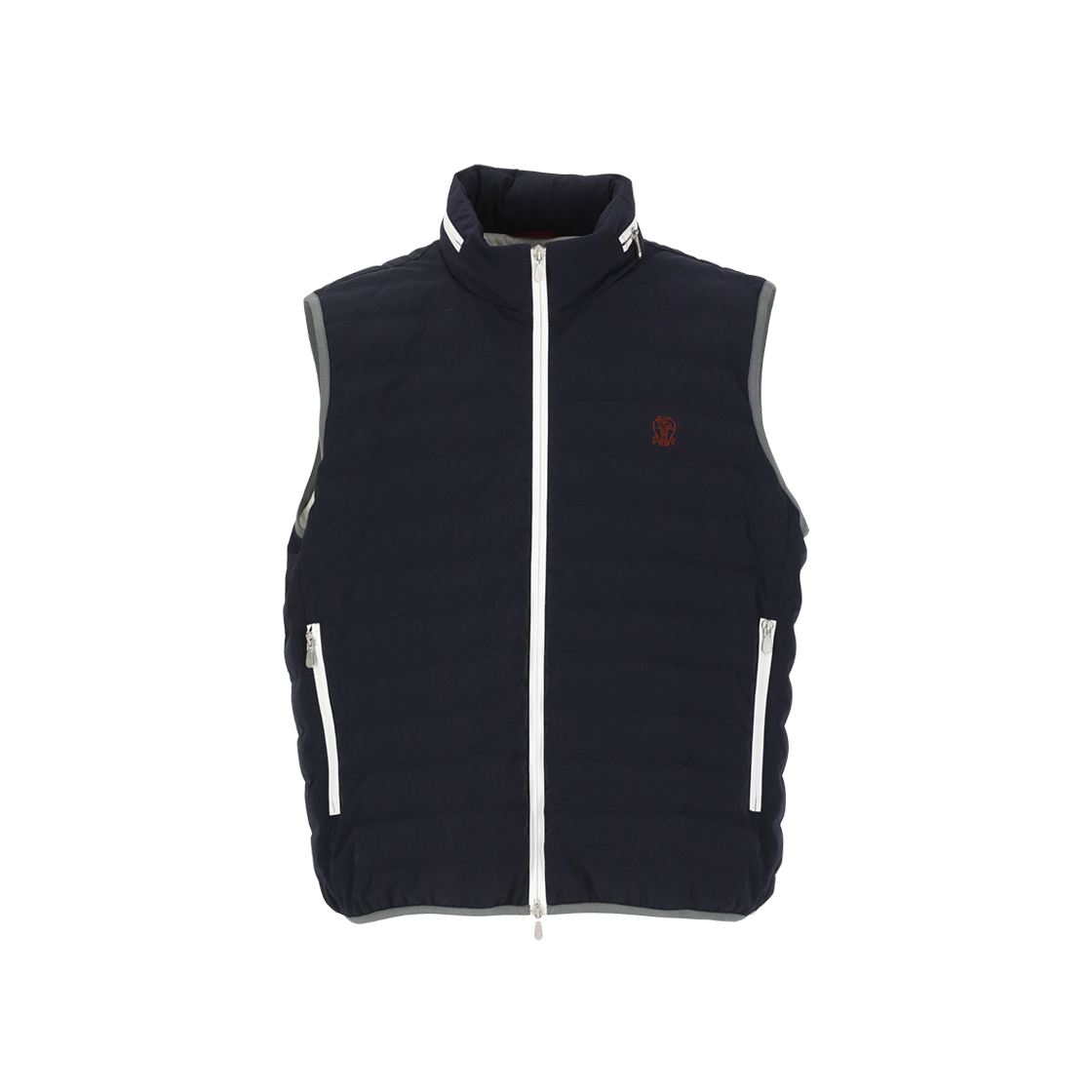 브루넬로 쿠치넬리 본디드 나일론 로고 패커블 후드 다운 베스트 네이비 블루(Brunello Cucinelli Bonded Nylon Down Vest with Logo and Packable Hood Navy Blue)