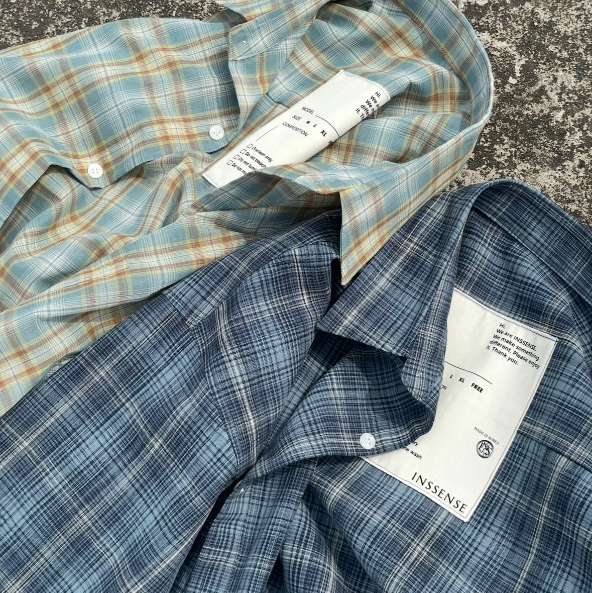INSSENSE Large Fit Linen Blue Check Blue, INSSENSE Large Fit Pearl Blue Flannel Shirts Sky Blue 착용 스타일