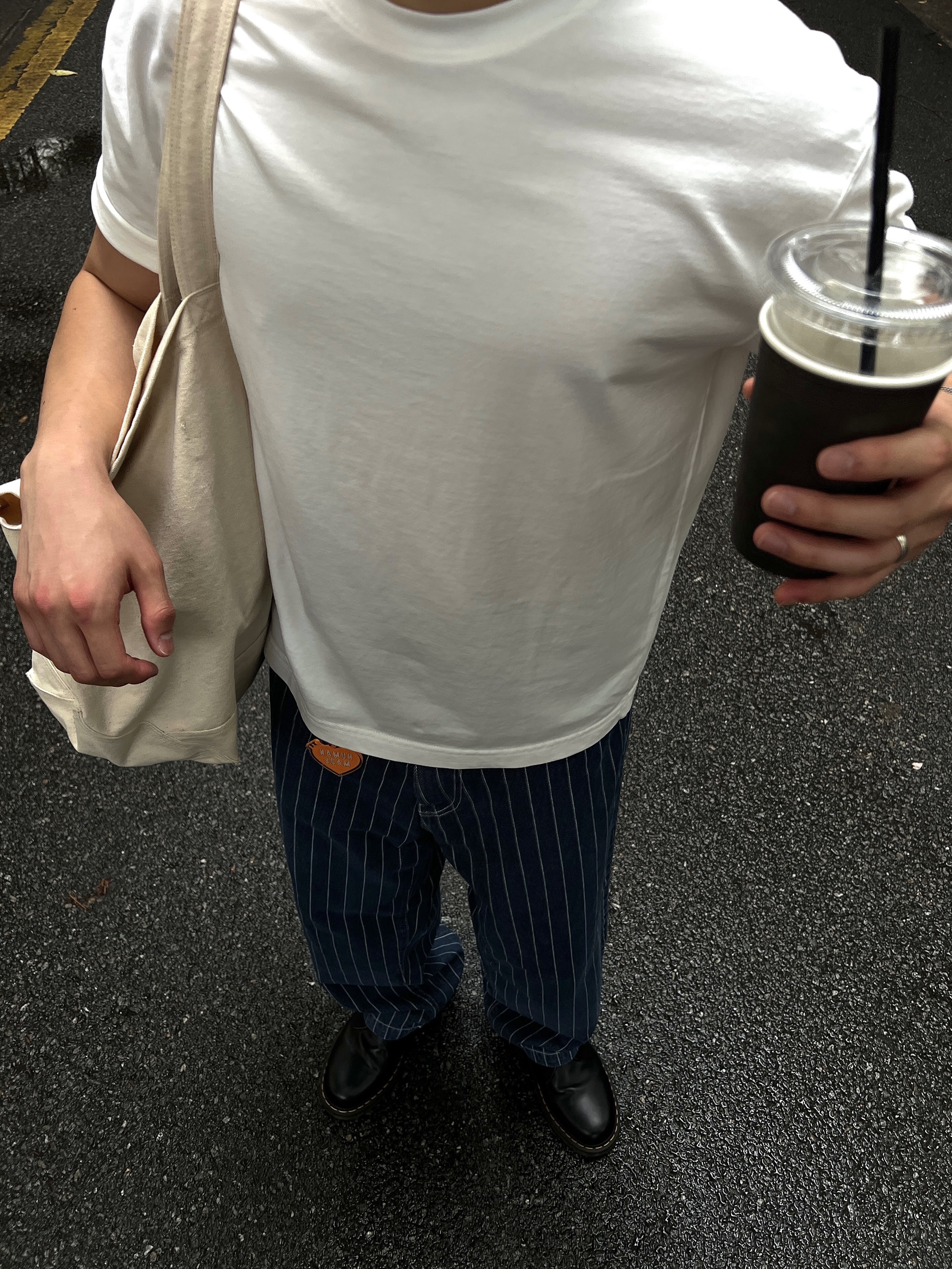 Dr. Martens 1461 Smooth Black, Carhartt WIP Orlean Stripe Pants Blue White Stone Washed 착용 스타일 - 9