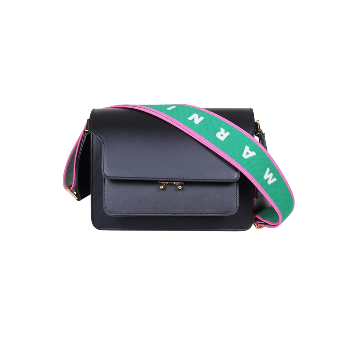 SBMPN09T06-LV589-Z516N Marni Calfskin Medium Trunk Bag with Jacquard Logo Strap Black