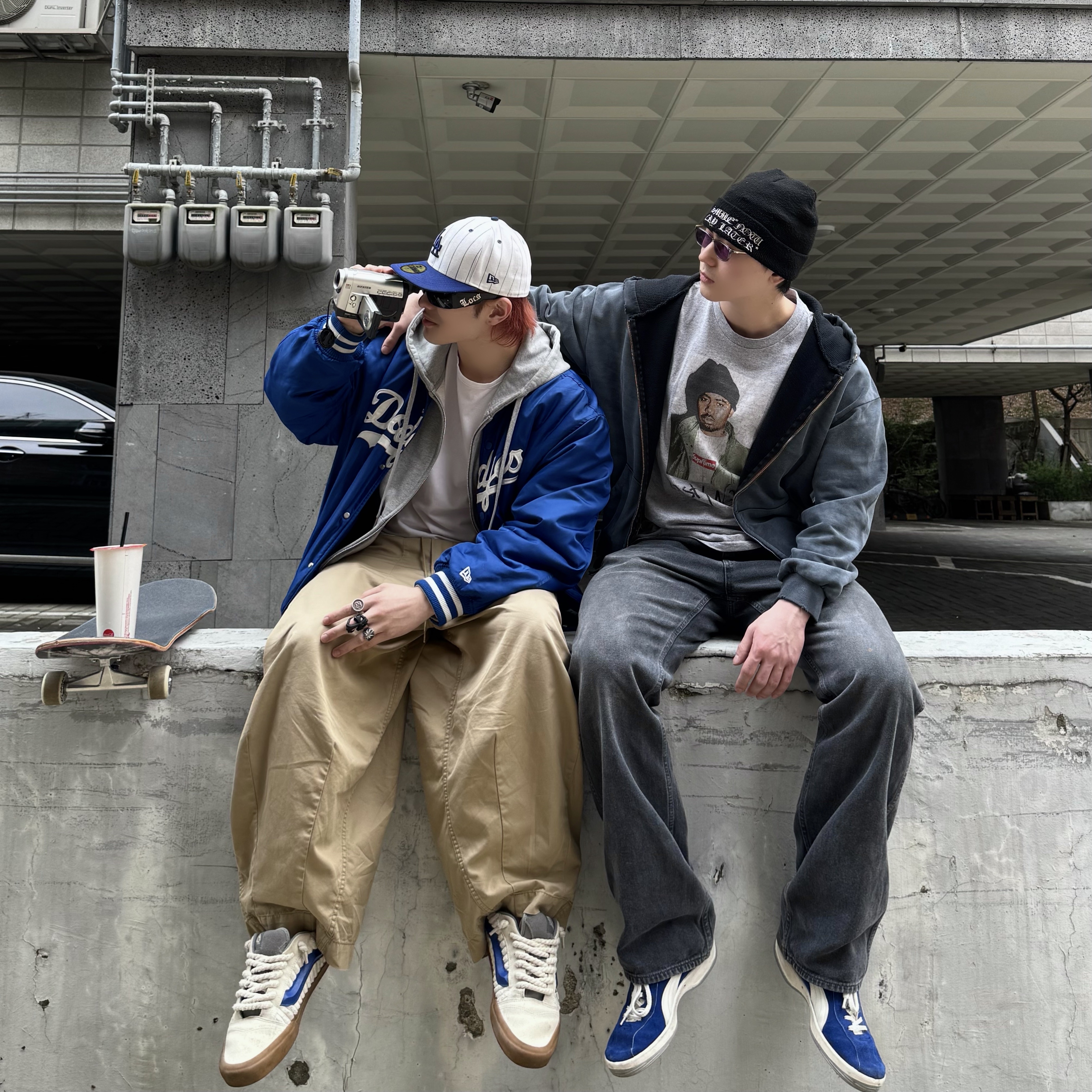 New Era MLB Seoul Series LA Dodgers Nylon Jacket Blue, Needles H.D. Military Pants Khaki 착용 스타일 - 3